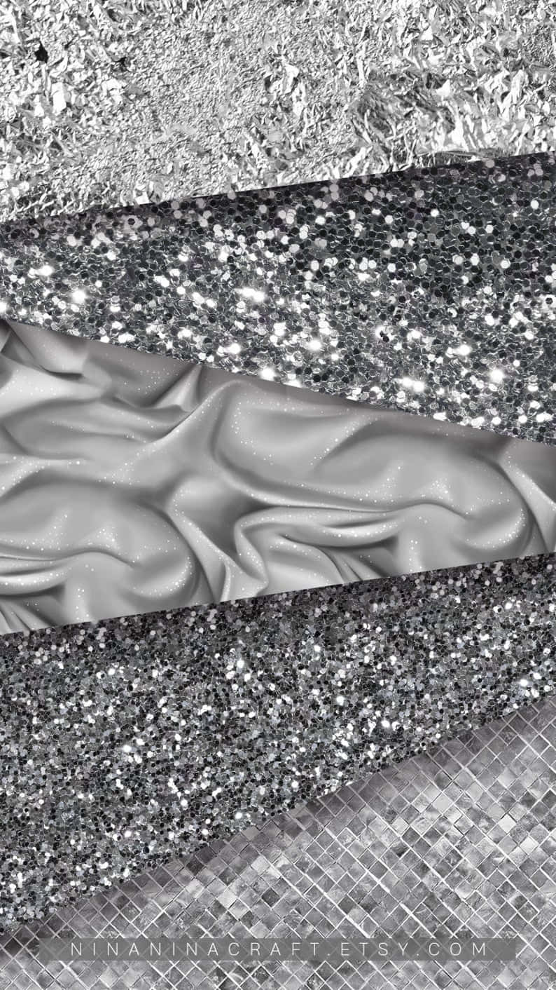 Silver Aesthetic iPhone 桌布 壁紙 — 銀色亮粉布料緞面與馬賽克磁磚的分層組合，營造出奢華的金屬質感。
