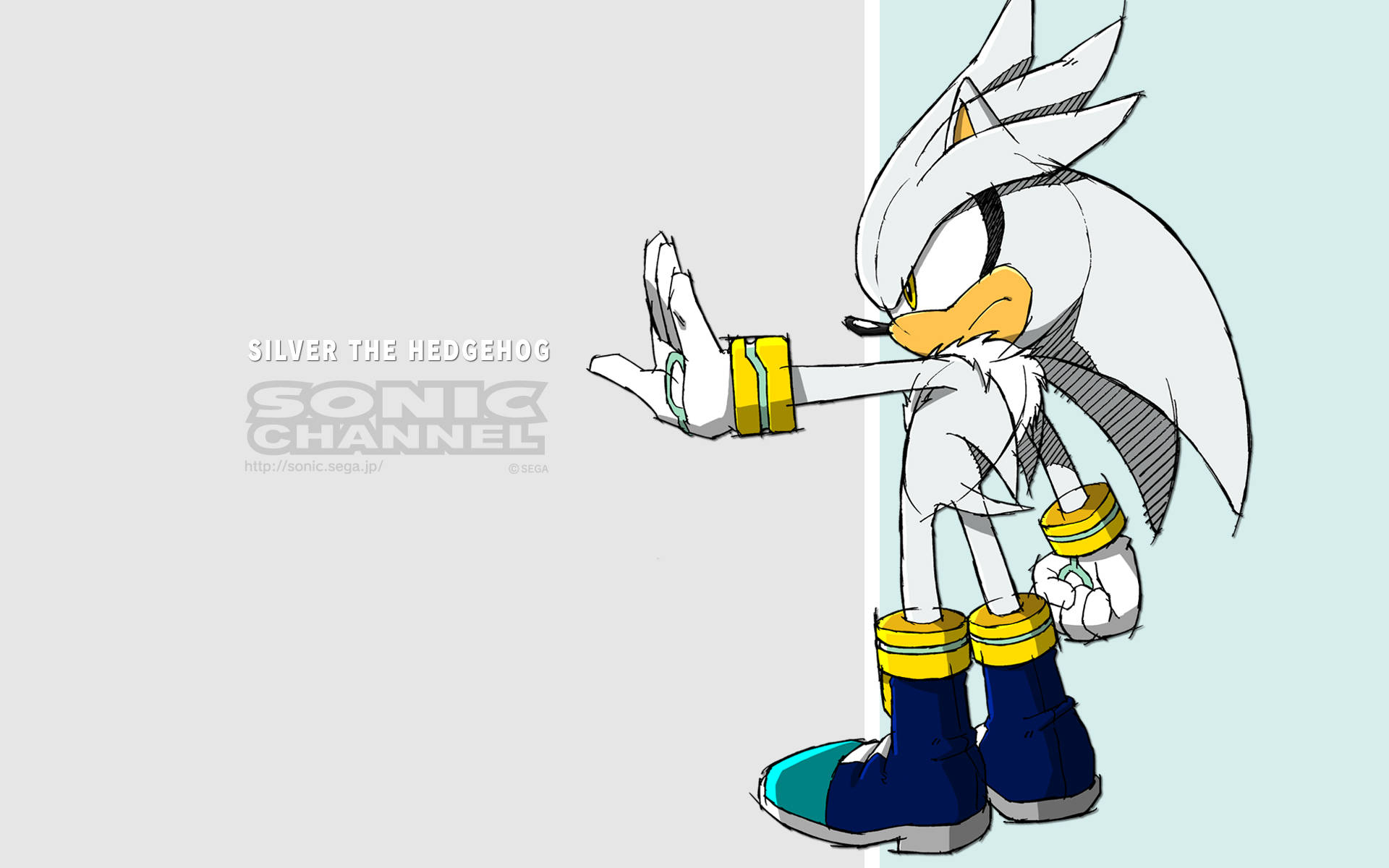 Hedgehog 桌布 壁紙 — 銀色刺蝟以動感姿態站立，背景為灰色和淺藍色分割，帶有Sonic Channel浮水印。