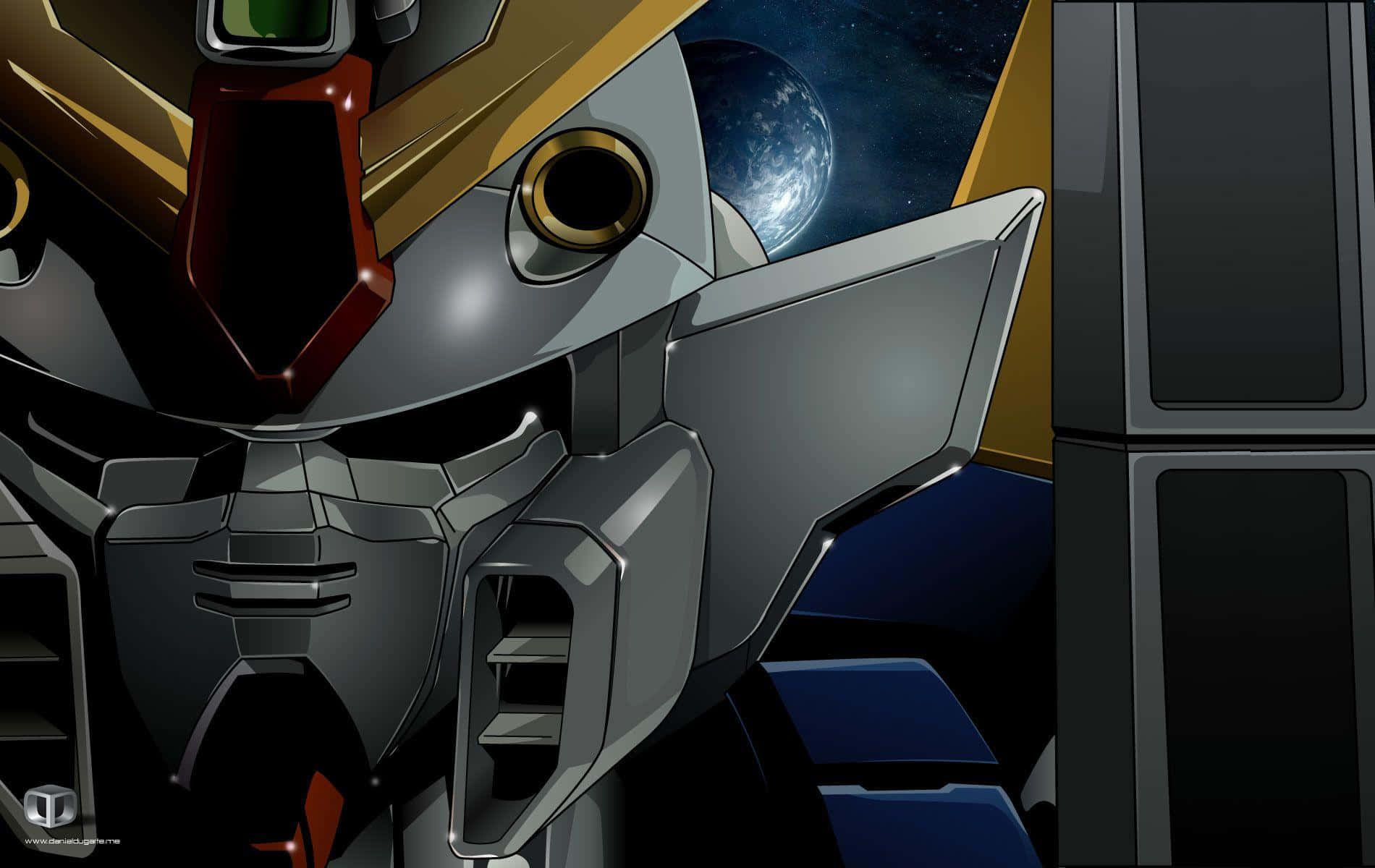 Gundam Desktop 桌布 壁紙 — 銀色和金色機甲面部的特寫，在繁星點點的太空背景中可見一顆藍色行星。