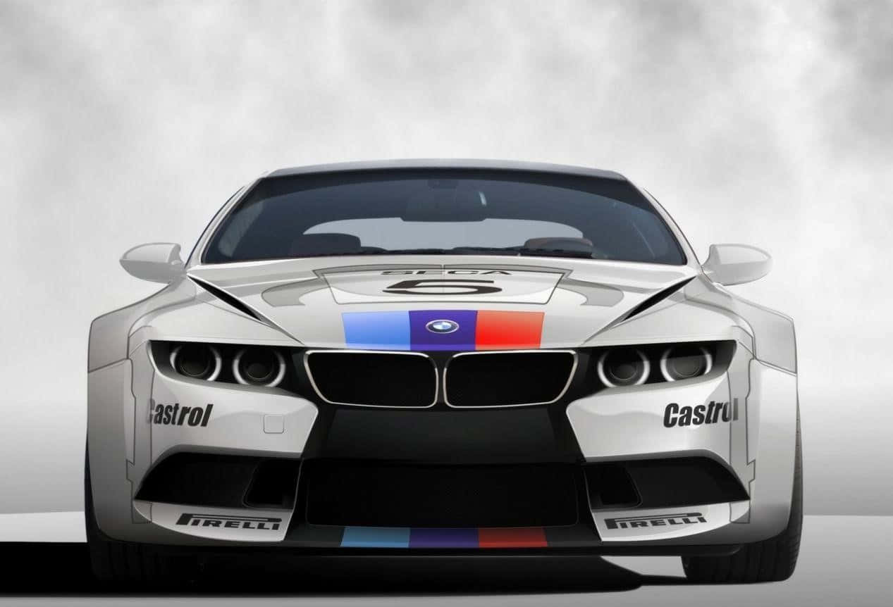 Modified Car 桌布 壁紙 — 銀色寶馬賽車正面圖，帶有藍、紅、白條紋及Castrol Pirelli品牌標識，背景為煙霧灰色。