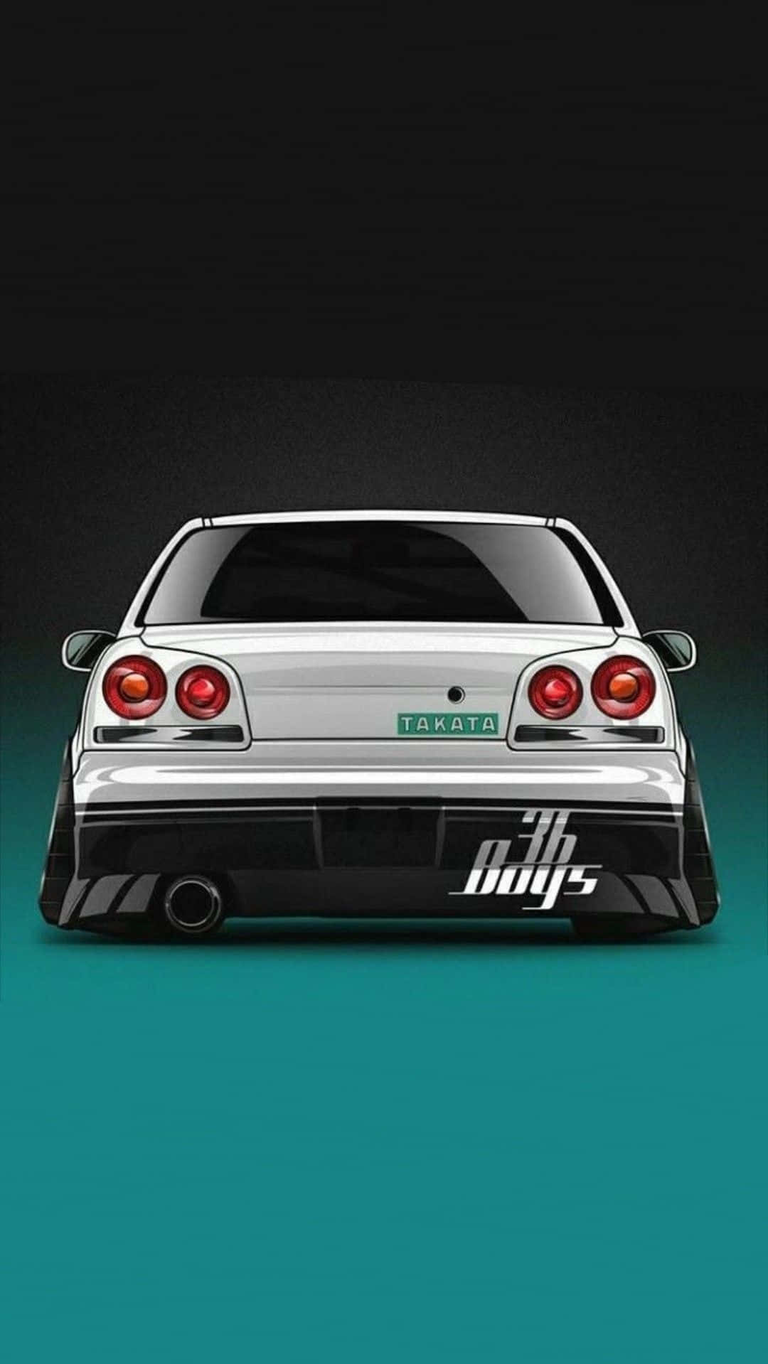 JDM 桌布 壁紙 — 銀色日產Skyline GT-R的後視圖，帶有紅色尾燈和'TAKATA'車牌，背景為深色漸變。