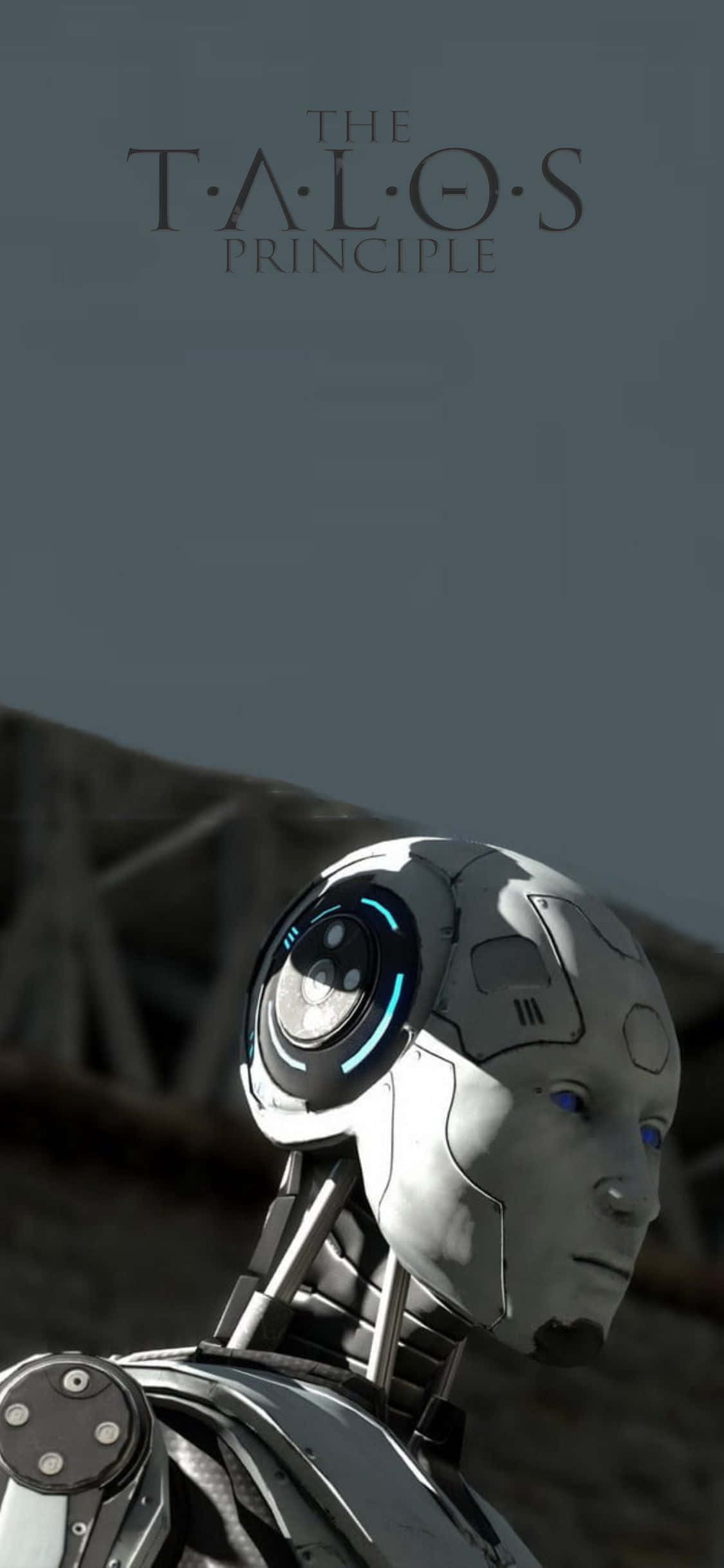 iPhone Xs The Talos Principle 桌布 壁紙 — 銀色機器人的特寫，帶有發光的藍色眼睛和圓形頭燈，以灰色工業背景襯托，並有「The Talos Principle」文字。