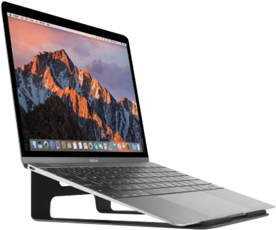 MacBook 動態圖片 桌布 壁紙 — 銀色筆記型電腦傾斜放在支架上，顯示橙色山峰和紫色天空的山景日落桌布。