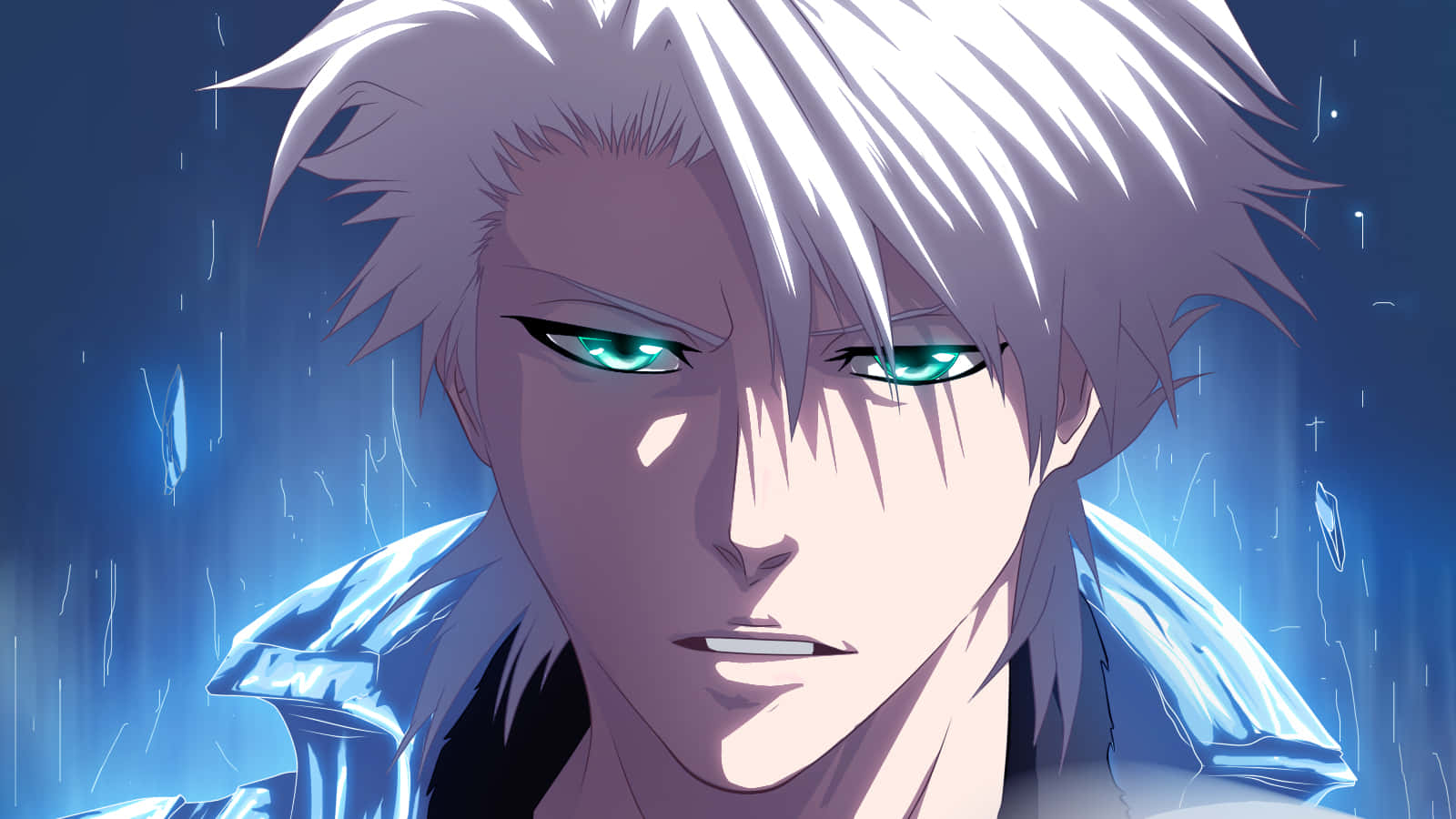 Toshiro Hitsugaya 桌布 壁紙 — 銀色頭髮、發光綠色眼睛的動漫角色特寫，身處藍色燈光的雨景中。