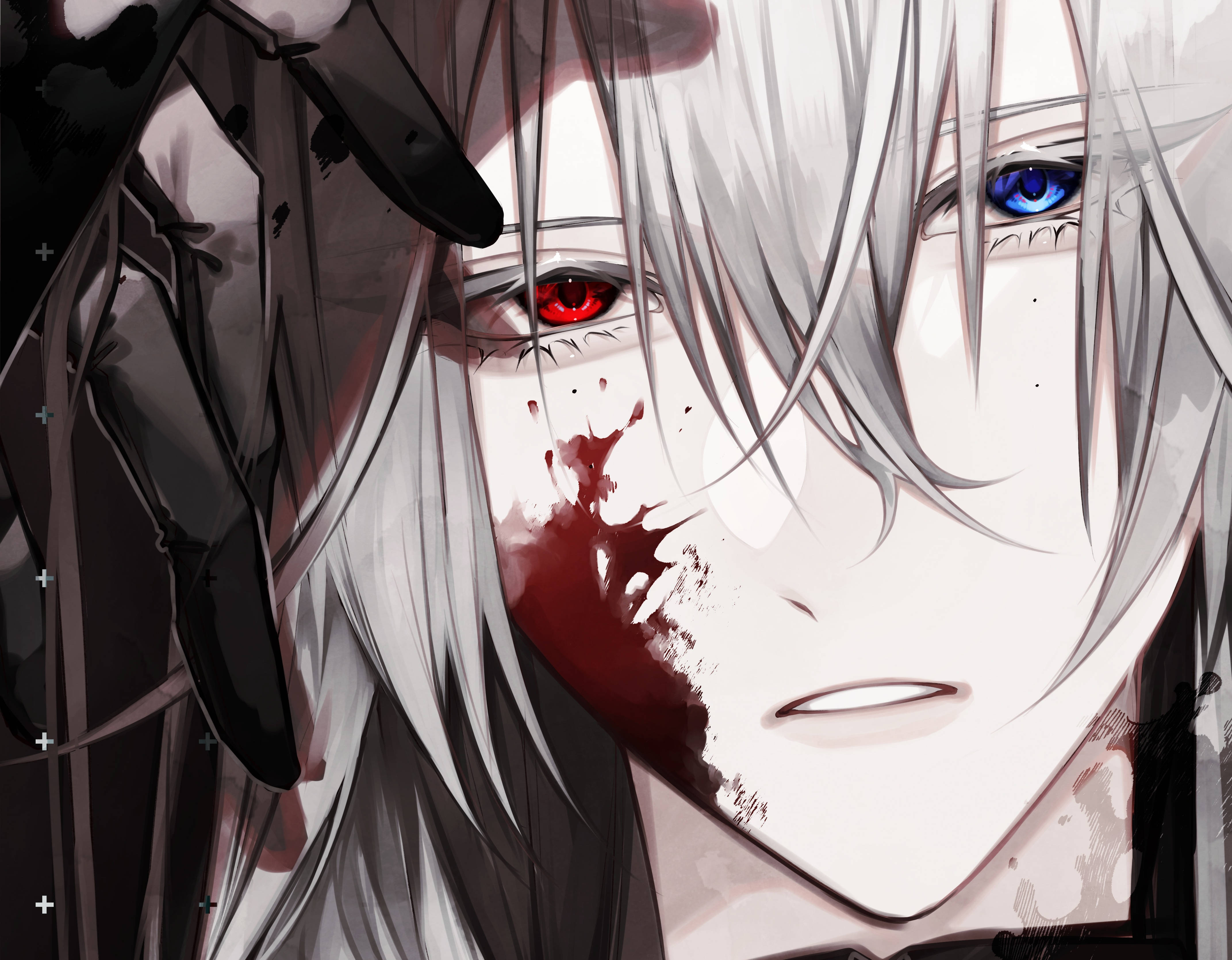 Scary Anime Boy 桌布 壁紙 — 銀色頭髮、紅藍異色瞳的動漫角色特寫，臉頰上濺有血跡。