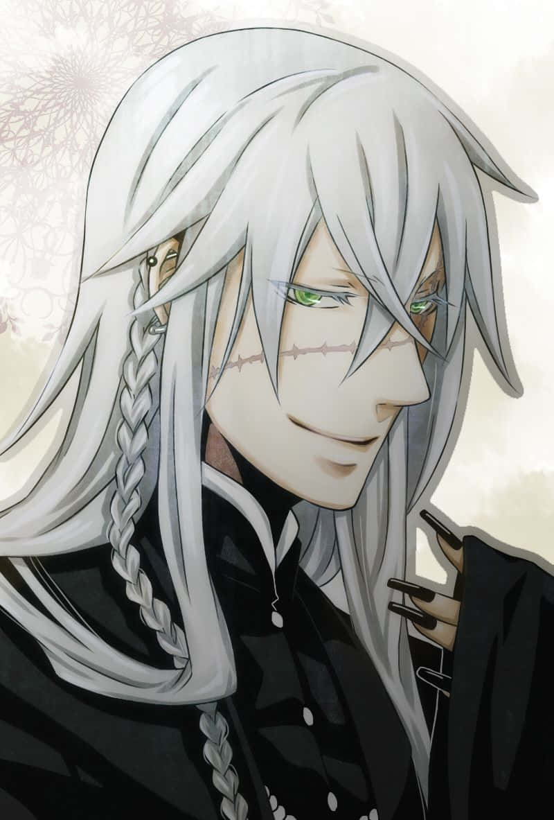 Black Butler Undertaker 桌布 壁紙 — 銀色頭髮、綠色眼睛、帶有縫合疤痕的男性角色的特寫動畫肖像，穿著黑色服裝，背景是柔和的花卉圖案。