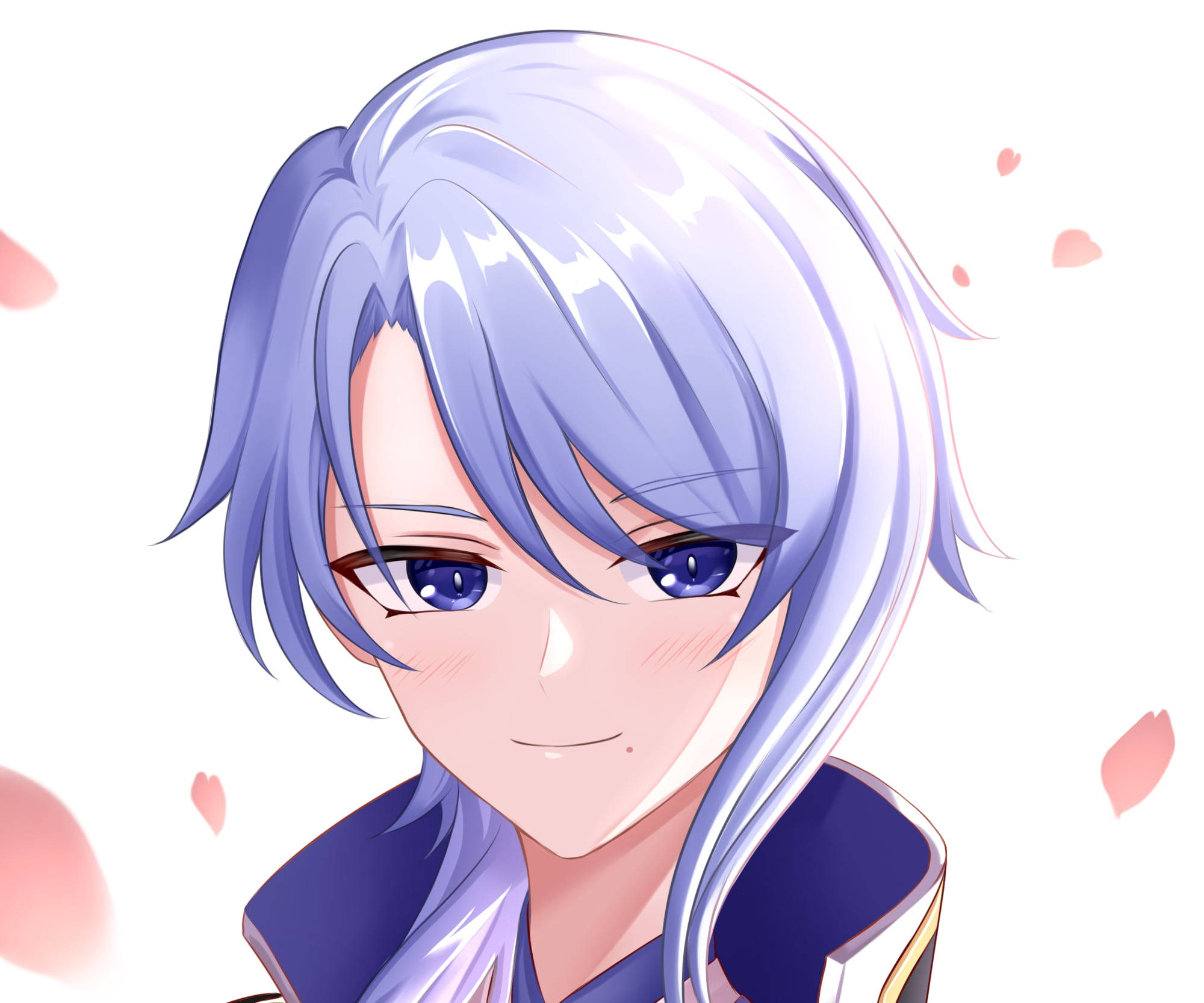 ayato 桌布 壁紙 — 銀藍色頭髮和藍色眼睛的動漫女孩微笑著，粉紅色的櫻花瓣在她周圍飄落。