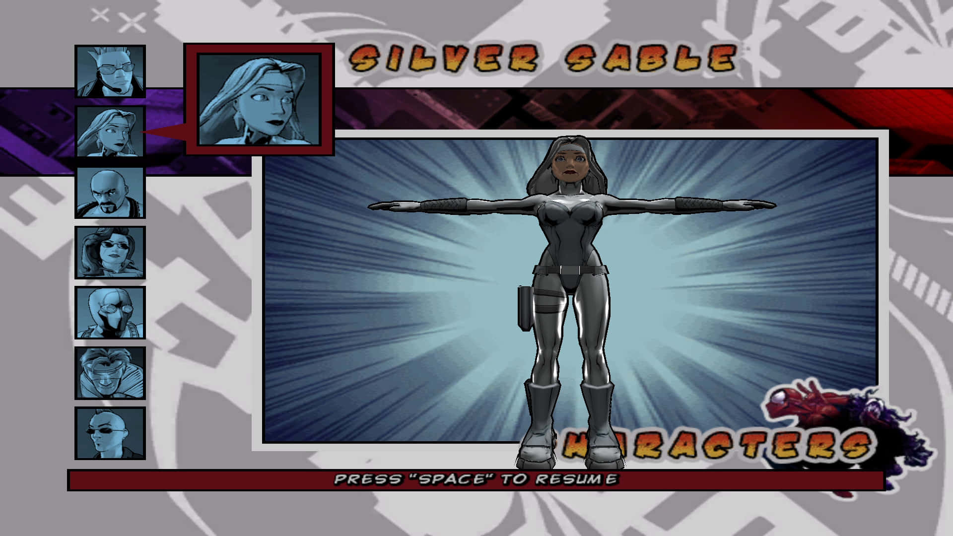 Silver Sable 桌布 壁紙 — 銀貂以動感姿勢站立在漫畫風格的角色選擇畫面上，背景為藍色放射狀。