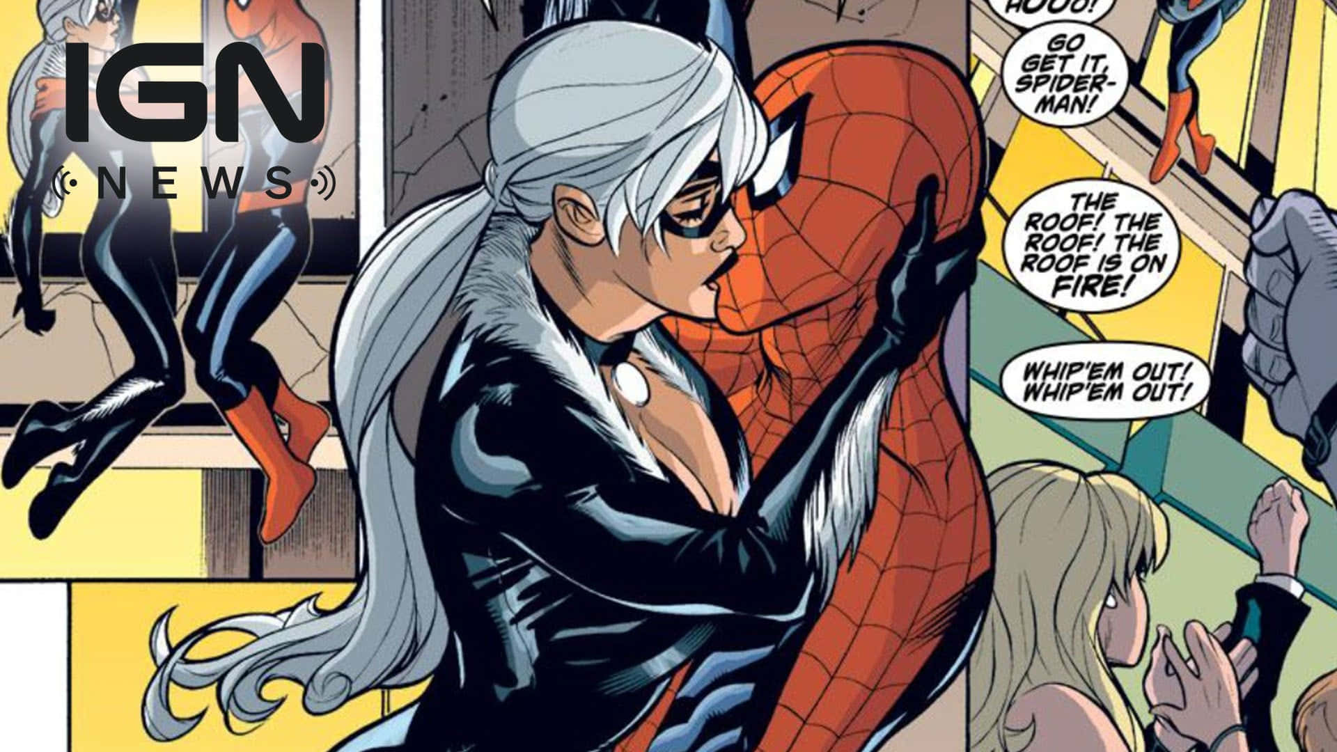 Silver Sable 桌布 壁紙 — 銀貂在漫畫格中擁抱蜘蛛人，旁觀者因火災而驚慌。