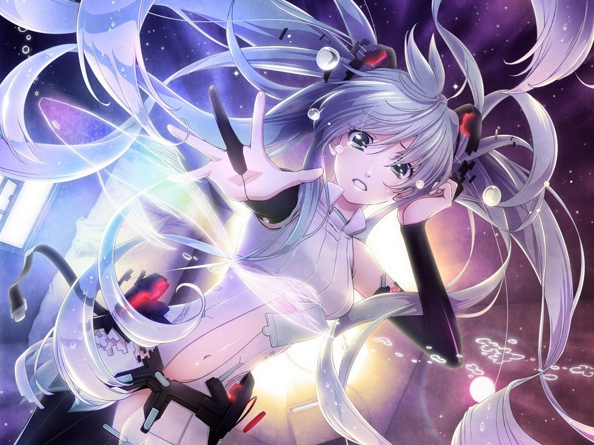 miku 桌布 壁紙 — 銀髮並帶有發光能量漩渦的動漫女孩，在星空宇宙背景下動態擺姿勢。