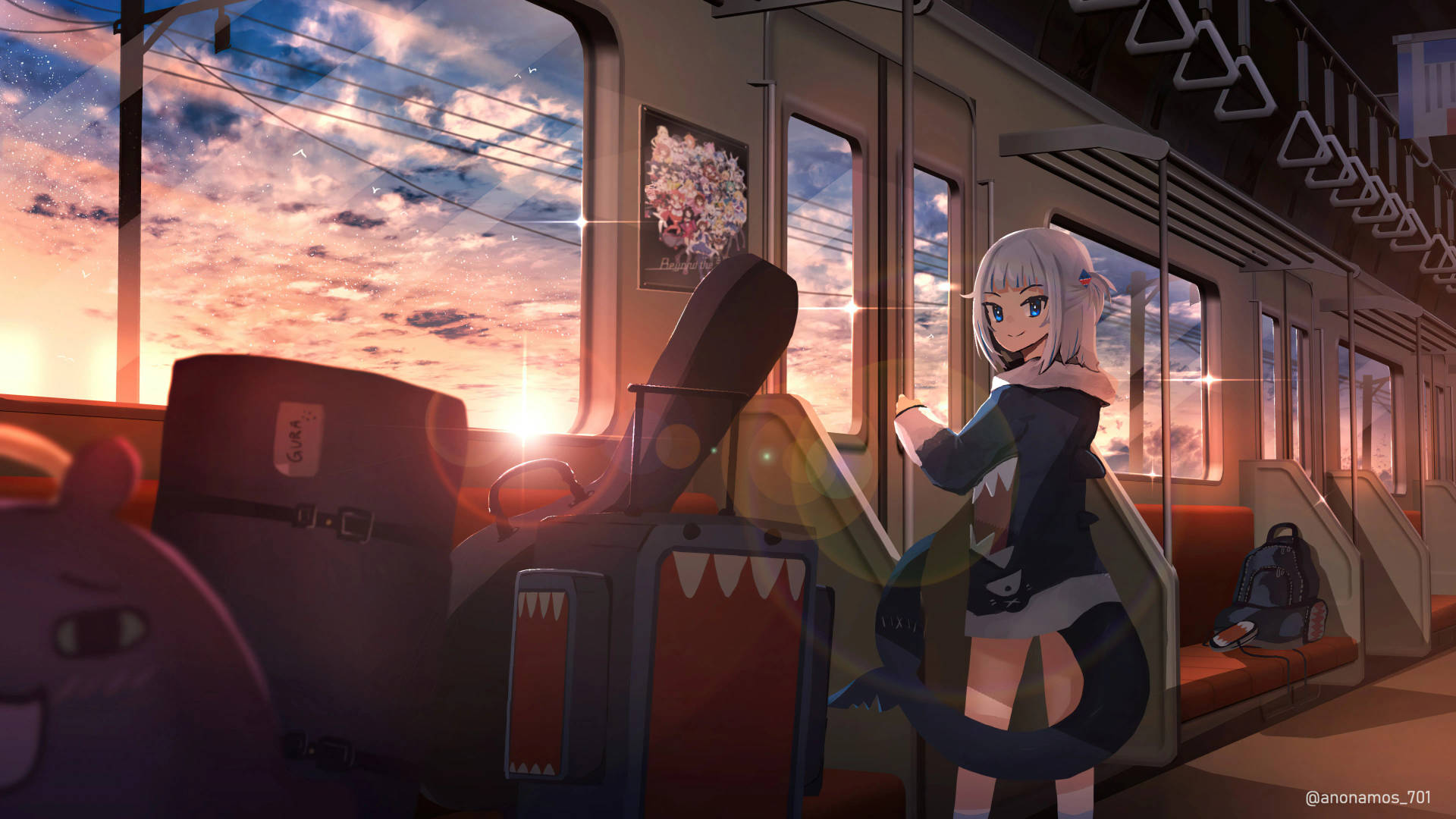 Hololive 桌布 壁紙 — 銀髮動漫女孩在火車車廂內微笑，夕陽透過窗戶將天空染成溫暖的色調。