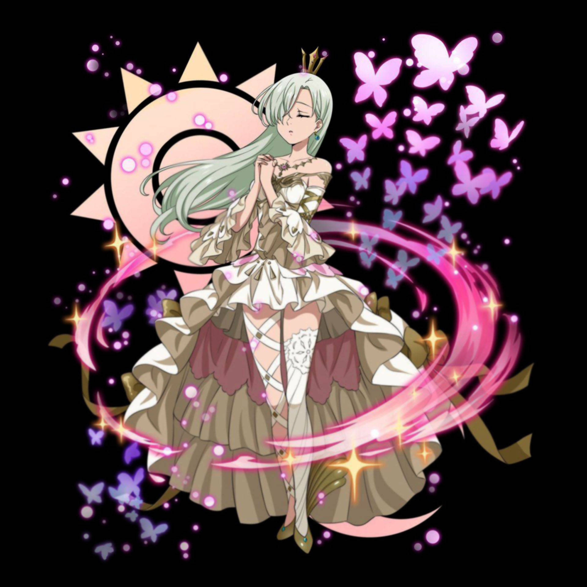 伊莉莎白·里昂絲 桌布 壁紙 — 銀髮動漫女孩穿著分層長袍，被粉紅色蝴蝶和發光的魔法漩渦包圍，背景為黑色。