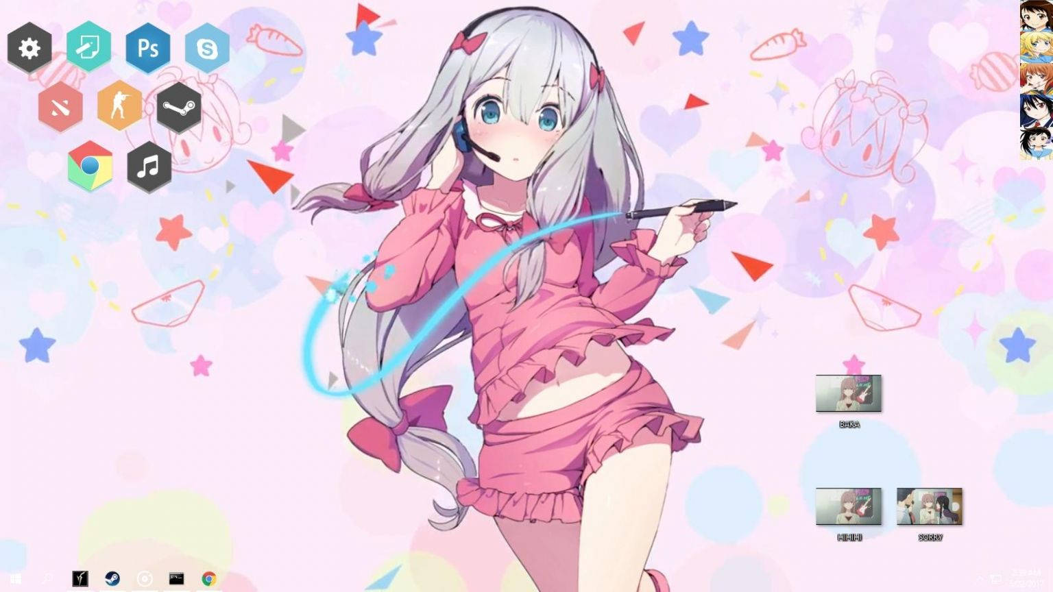 動漫女孩 桌布 壁紙 — 銀髮動漫女孩穿著粉紅色服裝，在帶有浮動圖標和心形的柔和背景上繪製發光線條。