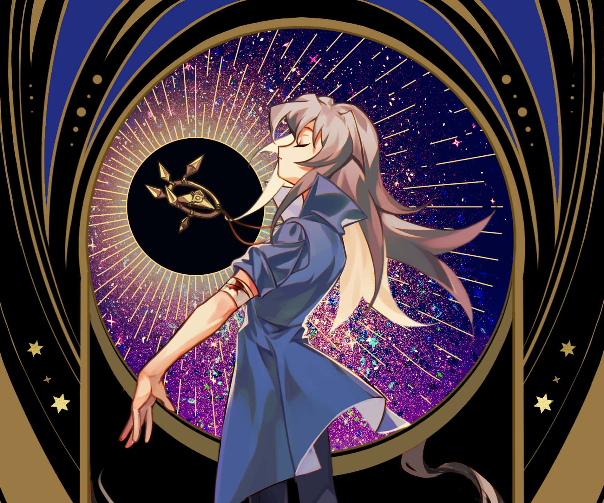 Yami Bakura 桌布 壁紙 — 銀髮動漫女孩穿著藍色外套，站在一個閃爍著紫色星星和金色光線的宇宙傳送門前。