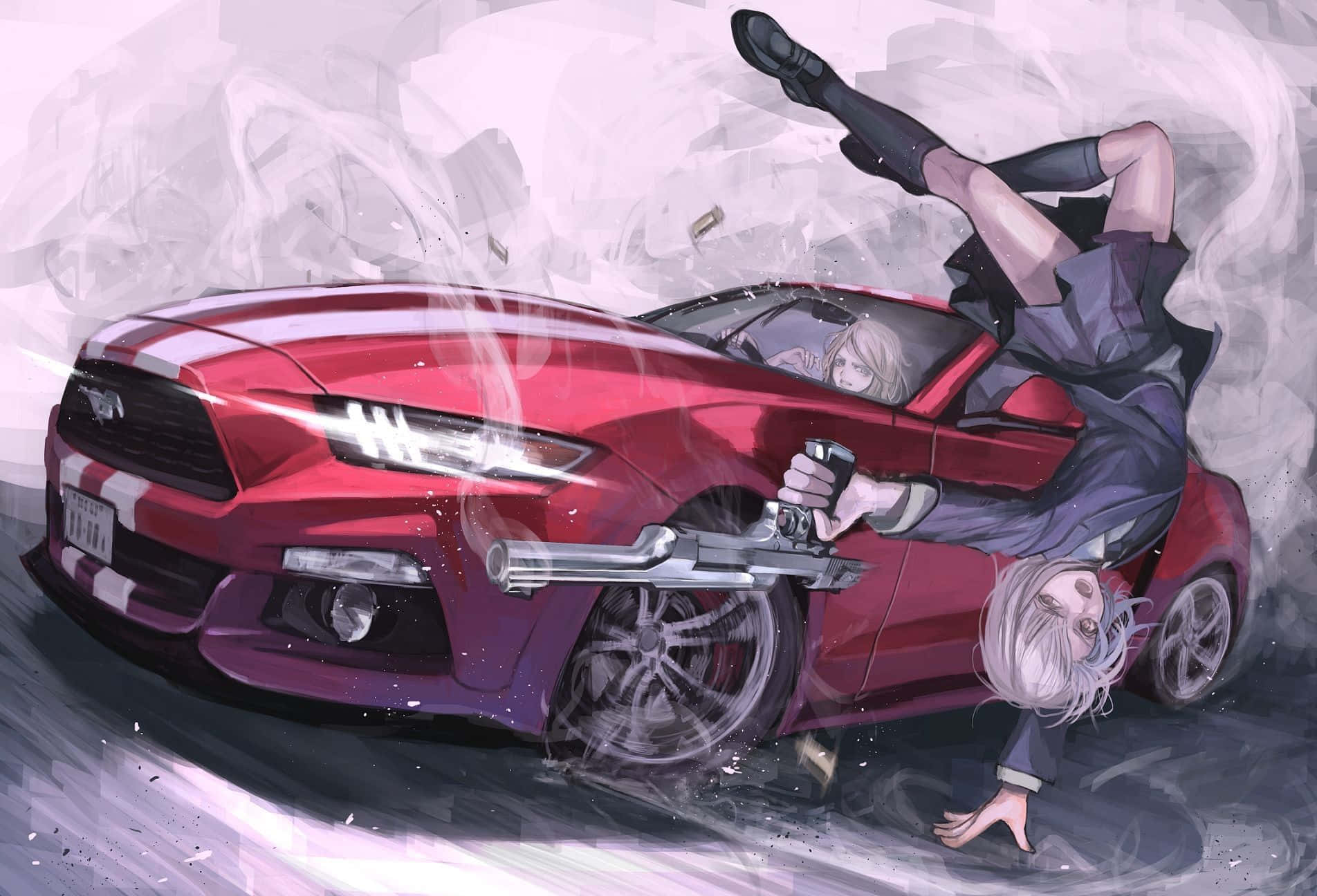 動漫車 桌布 壁紙 — 銀髮動漫女孩身穿深色服裝，從一輛疾馳的紅色野馬敞篷車中揮舞著槍支，做出動態踢擊。