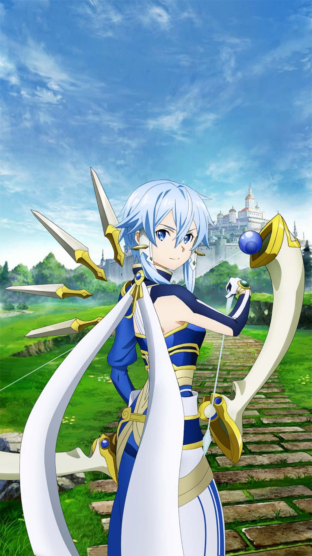 Sinon 桌布 壁紙 — 銀髮動漫少女在藍天下以城堡為背景揮舞著大弓和多把劍。