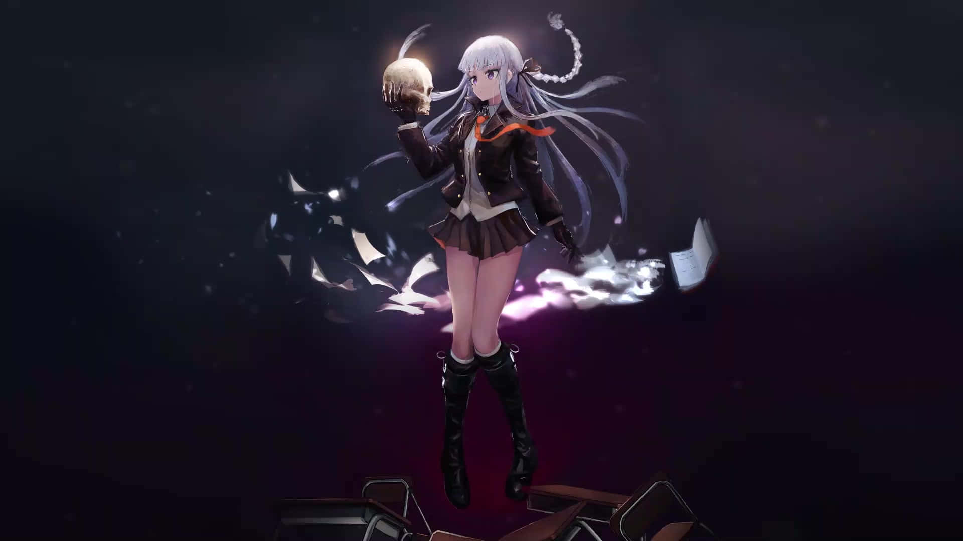 槍彈辯駁 桌布 壁紙 — 銀髮動漫少女穿著校服漂浮，手持頭骨，紙張在她周圍旋轉，營造出黑暗神秘的場景。