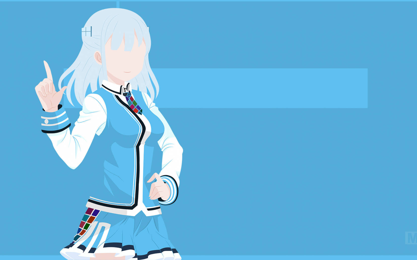 美學動漫桌布 桌布 壁紙 — 銀髮動漫少女穿著藍色校服，在純藍色背景上向上指。