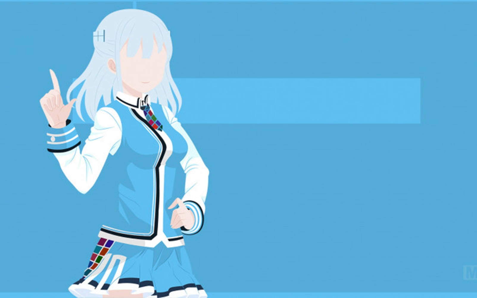 藍色美學 桌布 壁紙 — 銀髮動漫少女穿著藍色校服，在純藍色背景上向上指。