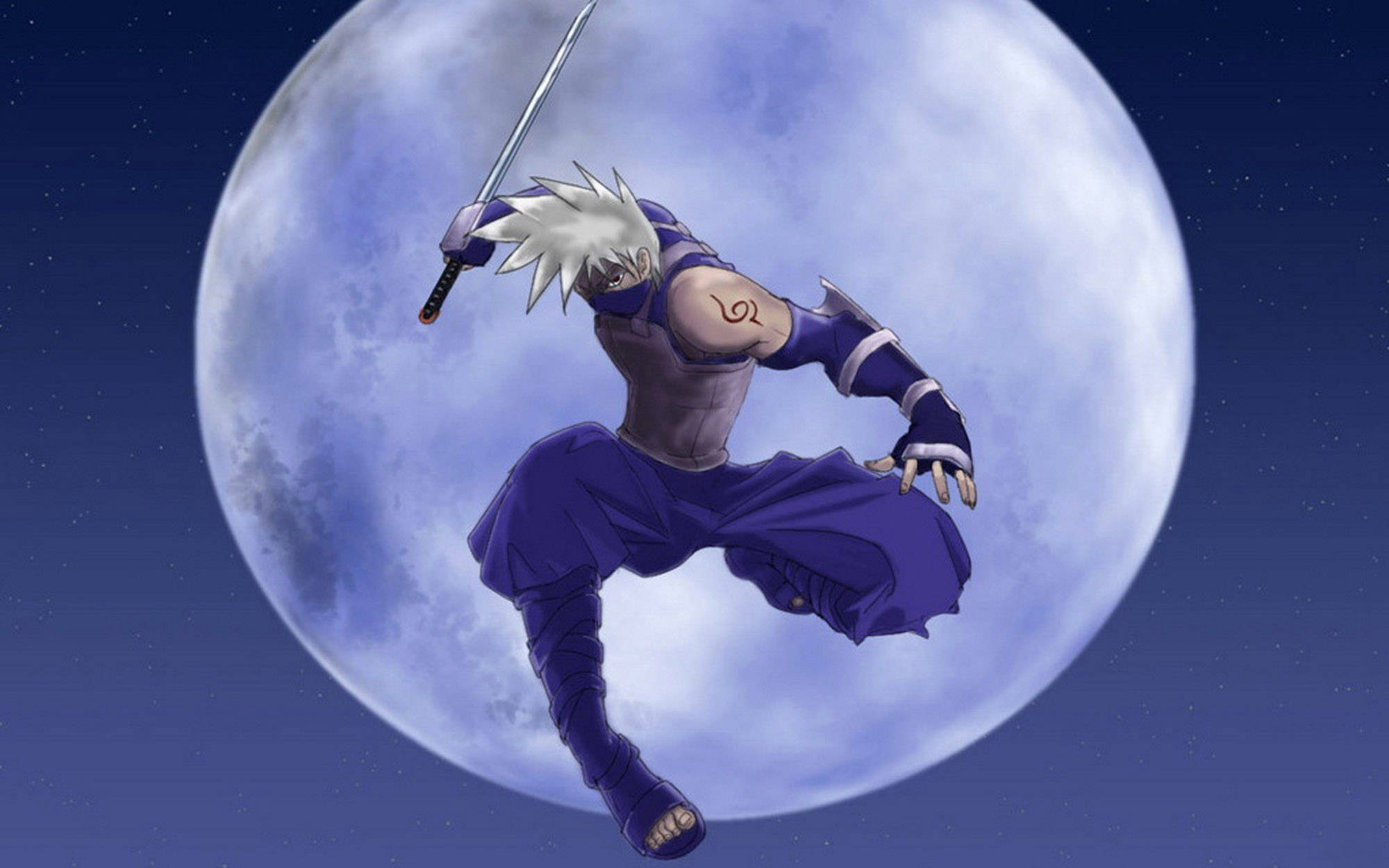 kakashi pfp 桌布 壁紙 — 銀髮動漫忍者動態跳躍，背景是巨大發光的月亮和星空夜空。