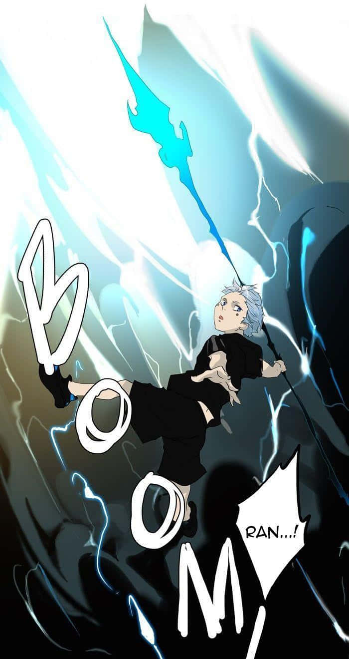 Tower Of God 桌布 壁紙 — 銀髮動漫角色身穿黑色，在爆炸性的藍色閃電中跳躍，帶有「BOOM」音效。
