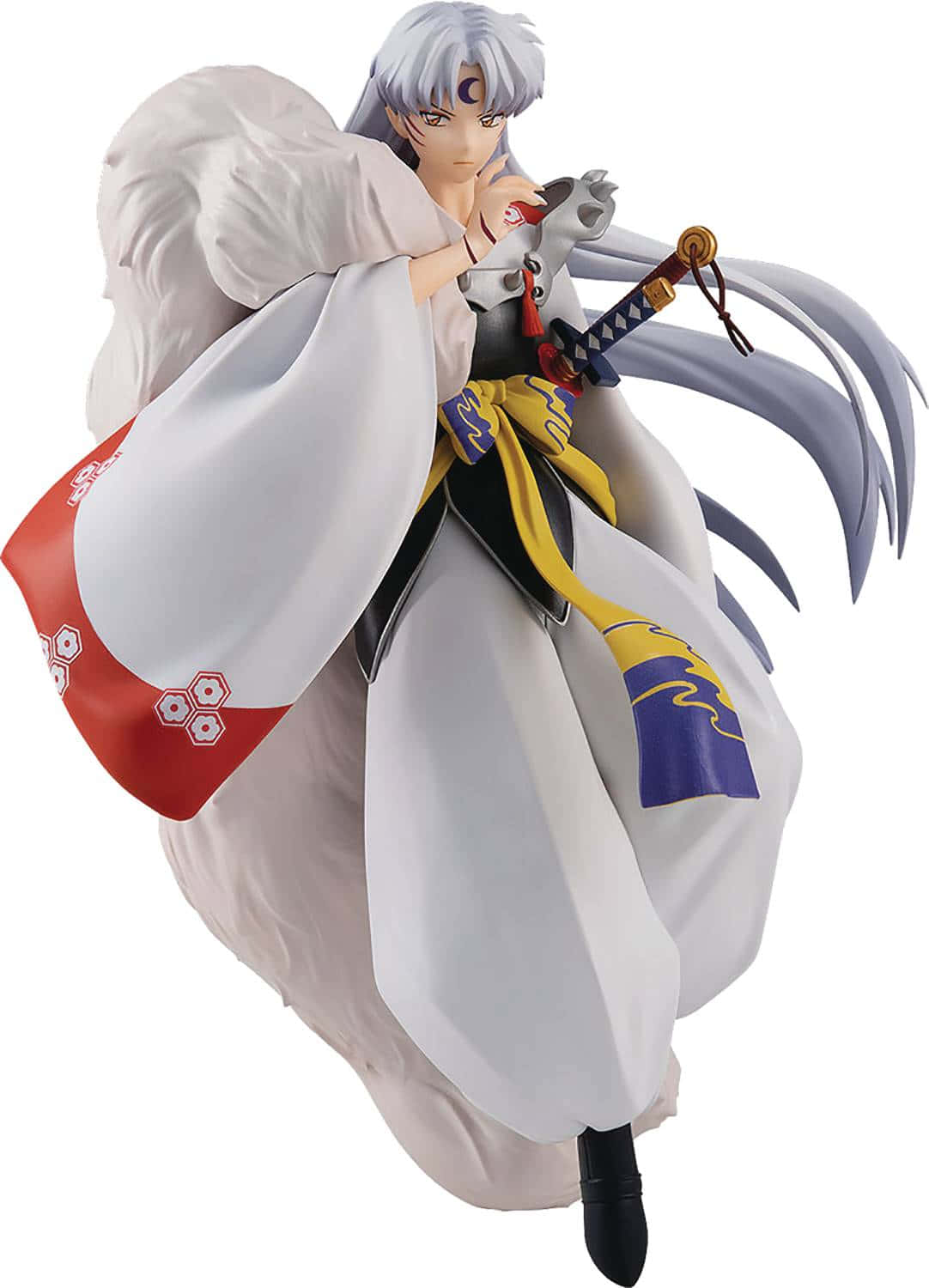 Inuyasha Yokai 桌布 壁紙 — 銀髮戰士身穿帶有紅色和藍色點綴的飄逸白色長袍，手持劍的動漫人偶。