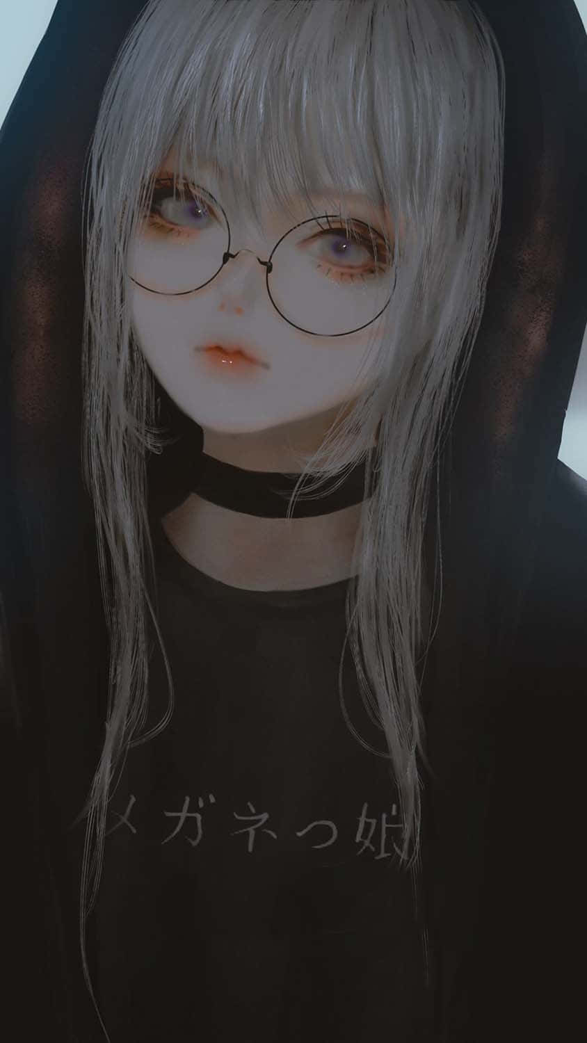動漫女孩 桌布 壁紙 — 銀髮戴圓框眼鏡的動漫女孩近照，身穿黑色連帽衫和頸鏈。