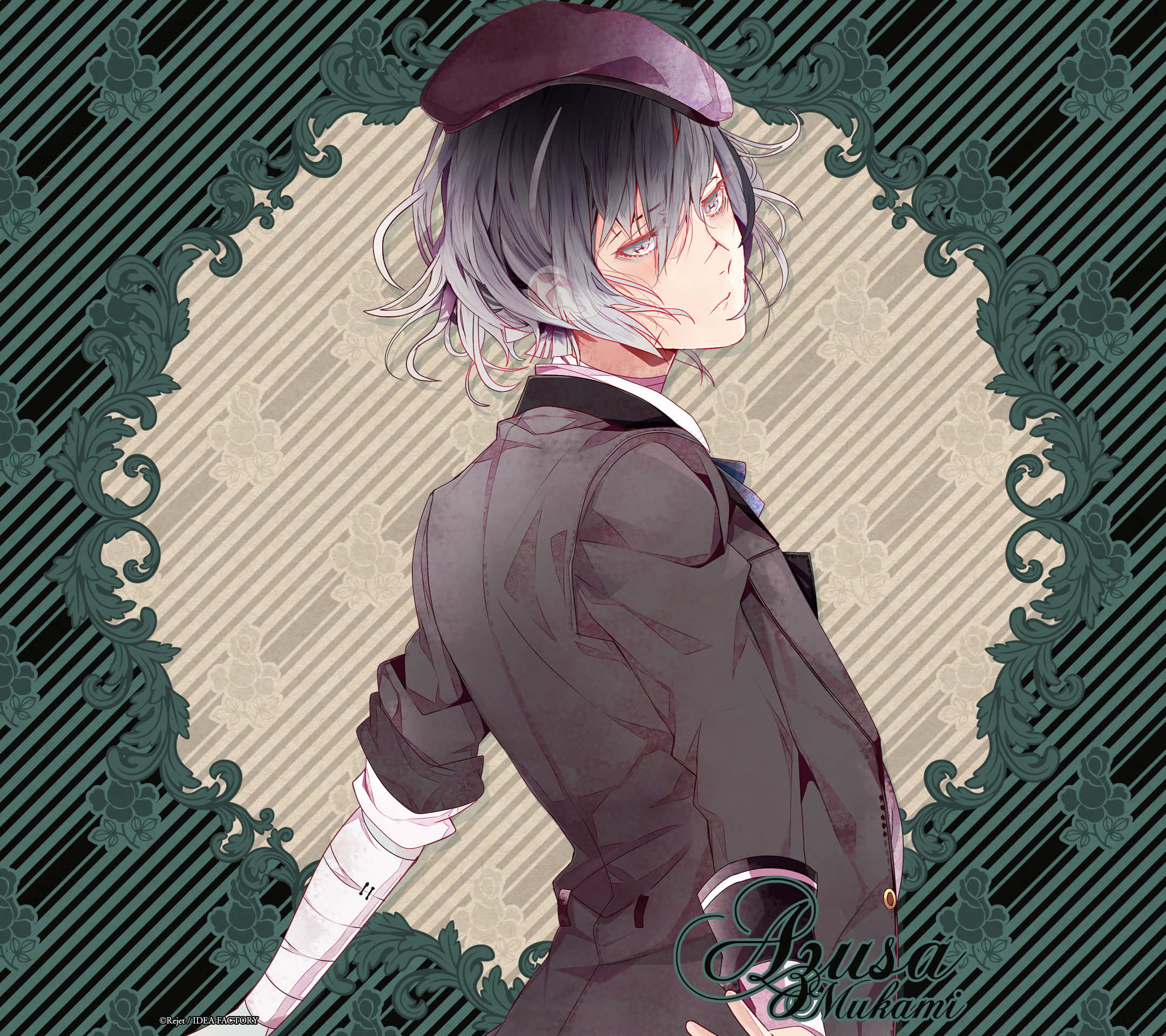 Diabolik Lovers 桌布 壁紙 — 銀髮戴貝雷帽的動漫角色站在裝飾性綠色畫框中，背景為條紋。