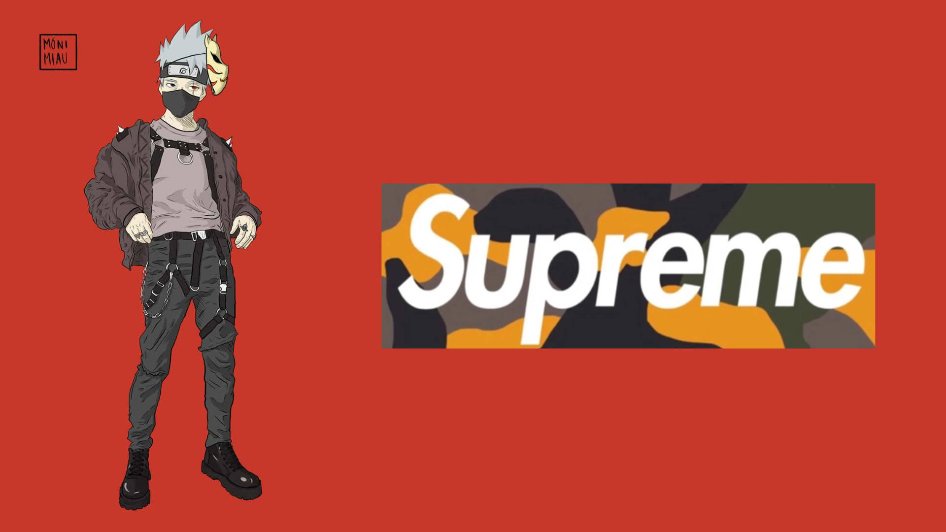 supreme 桌布 壁紙 — 銀髮戴面具的動漫角色站在純紅色背景上的迷彩Supreme標誌旁邊。
