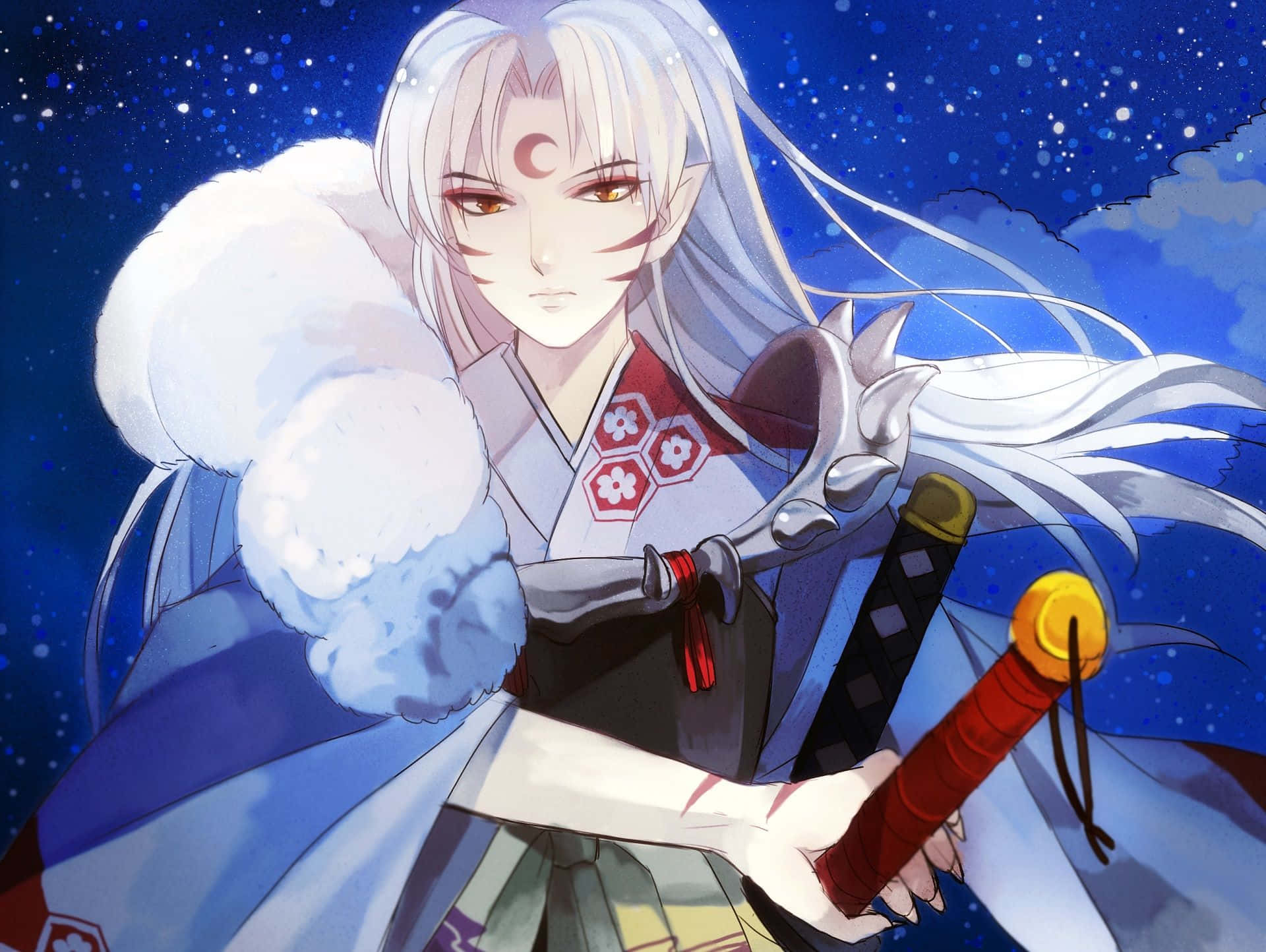 Inuyasha And Sesshomaru 桌布 壁紙 — 銀髮新月標記的動漫戰士在星空下持劍。