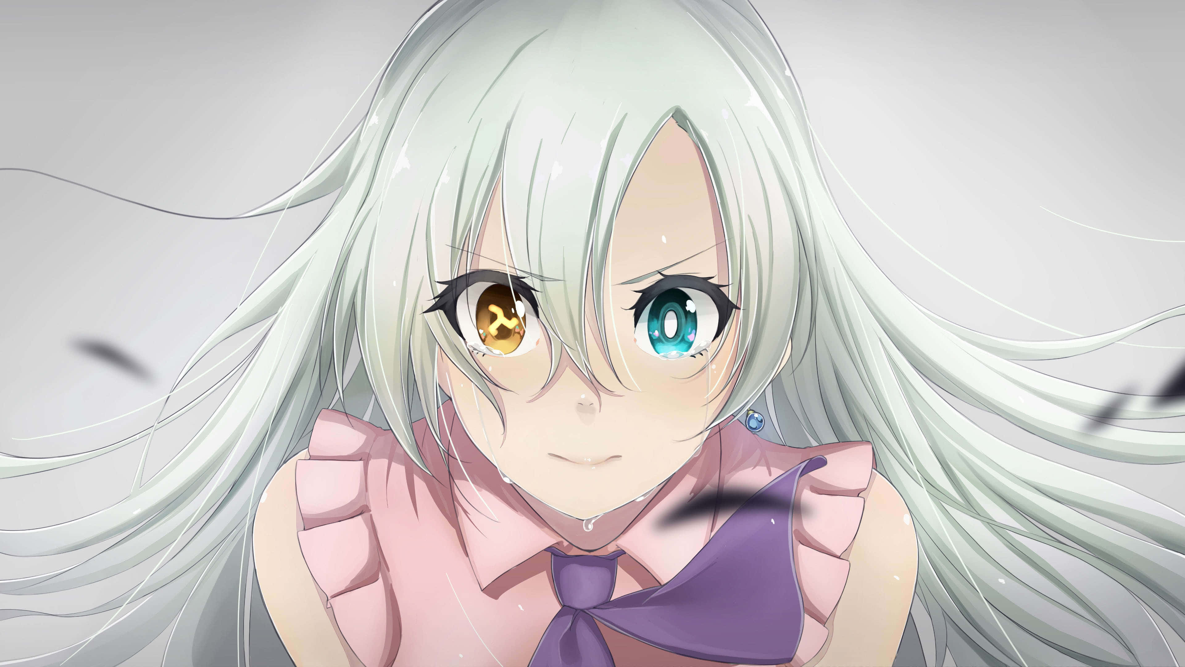 Seven Deadly Sins Elizabeth Liones 桌布 壁紙 — 銀髮異色瞳（一金一藍）的動漫少女，身穿粉紅色襯衫和紫色蝴蝶結。