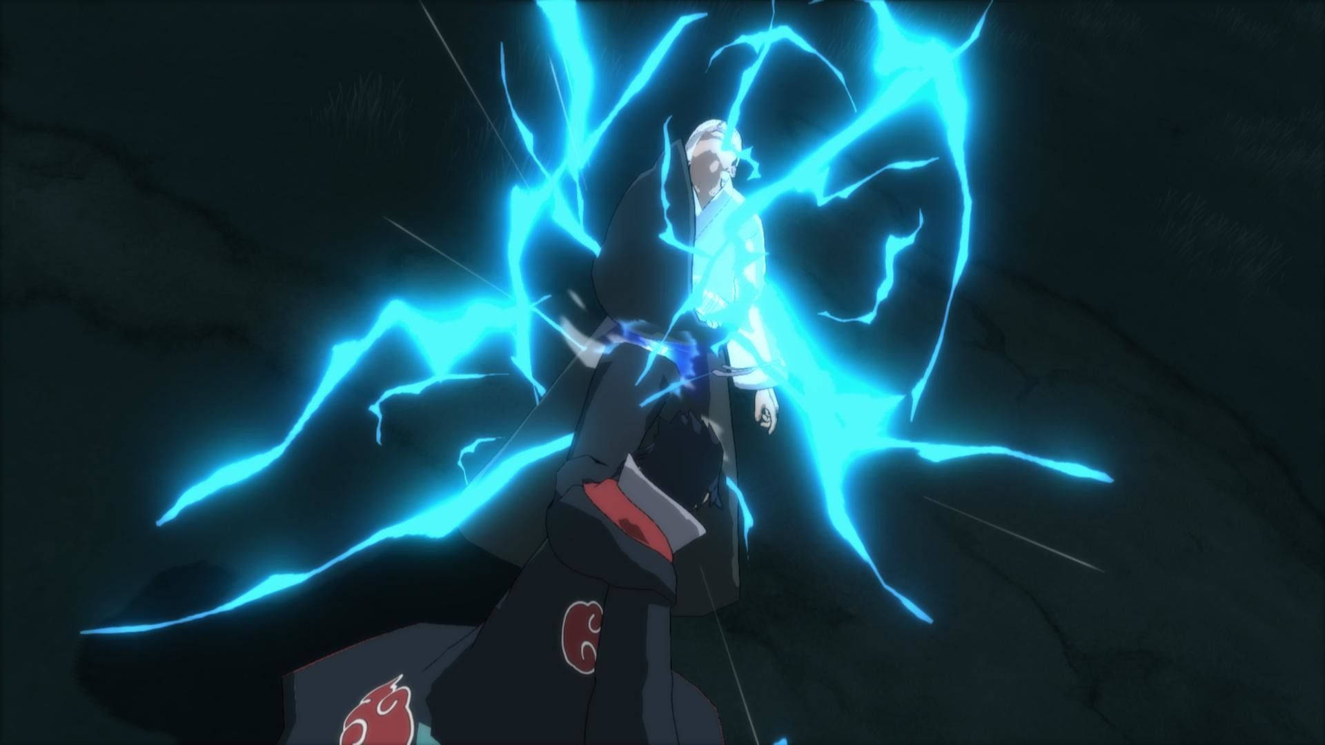 chidori 桌布 壁紙 — 銀髮的動漫角色在黑暗岩石環境中散發出電光藍色查克拉。