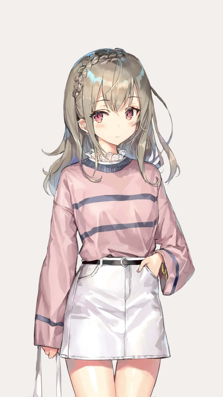 動漫女孩 桌布 壁紙 — 銀髮粉紅眼的動漫女孩，穿著粉紅條紋襯衫和白色裙子，背景為純色。
