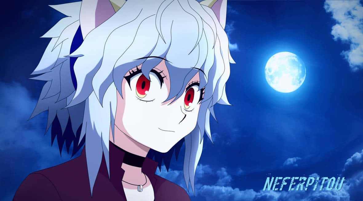 Neferpitou 桌布 壁紙 — 銀髮紅眼動漫女孩在深藍色夜空中的明亮滿月下微笑。