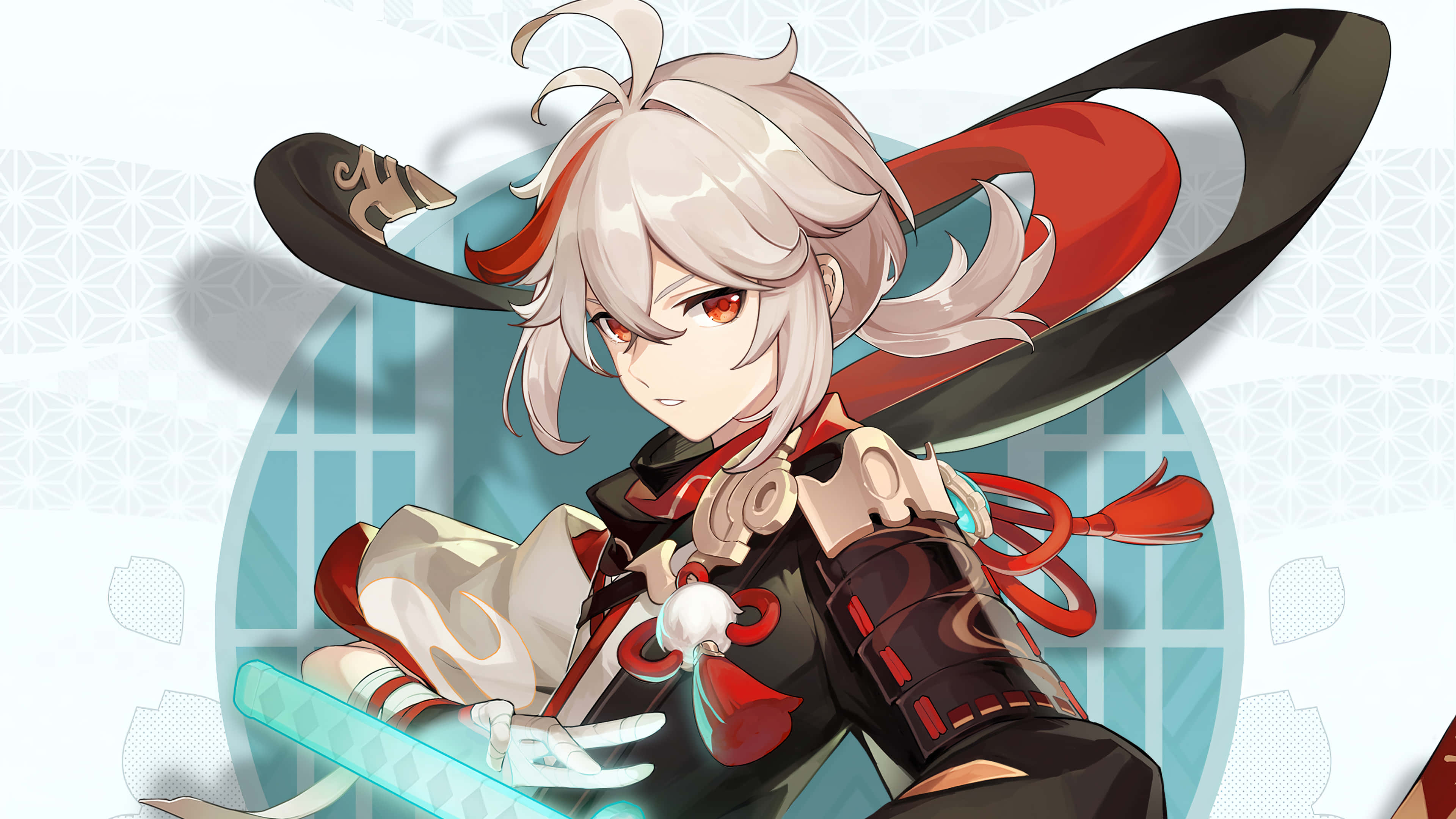 Genshin Impact Kazuha 桌布 壁紙 — 銀髮紅眼動漫少女在圖案背景前揮舞發光劍。