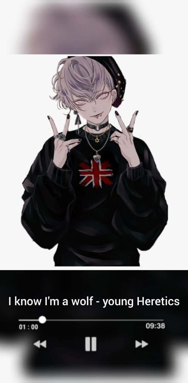 Emo Anime Boy 桌布 壁紙 — 銀髮紅眼動漫角色穿著帶有英國國旗的黑色連帽衫，做出惡魔角手勢。