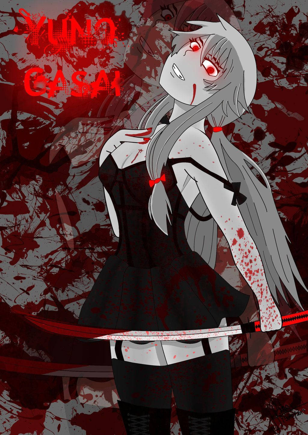 Yuno 桌布 壁紙 — 銀髮紅眼動畫女孩手持染血劍，背景是濺滿紅色和灰色的畫面。