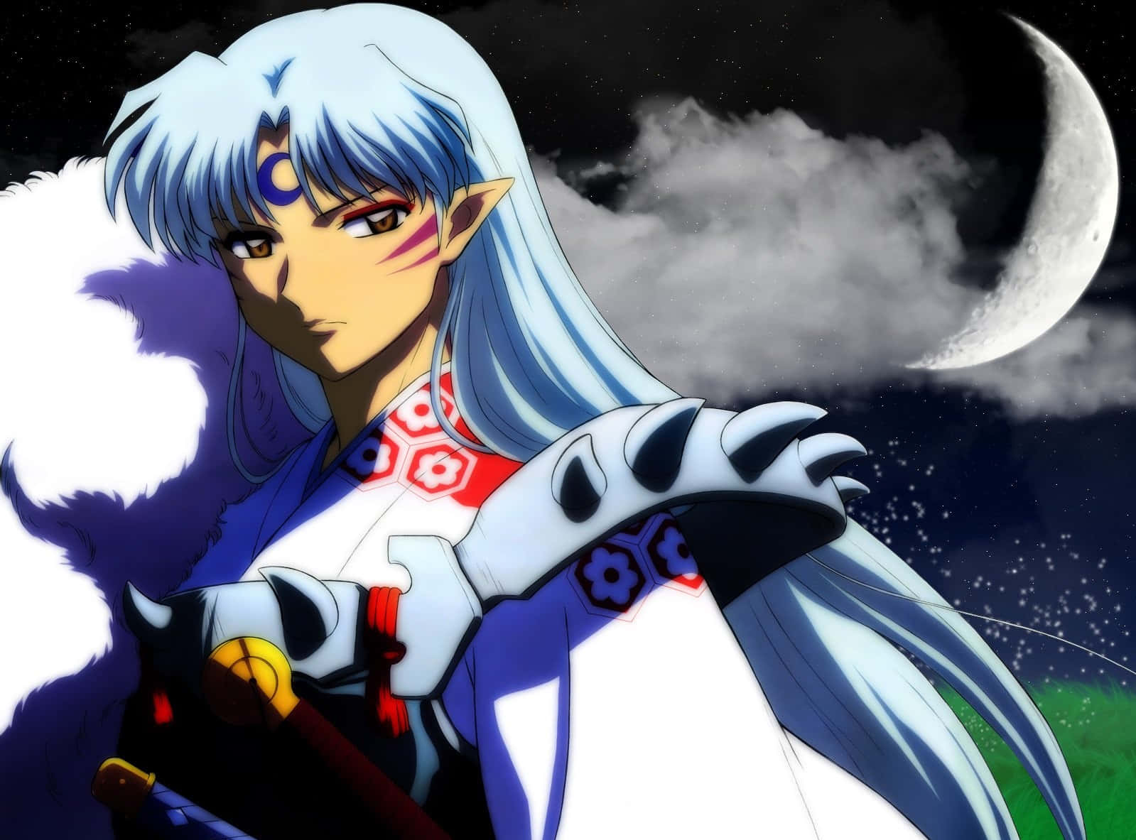 Sesshomaru 桌布 壁紙 — 銀髮紅紋的動漫角色站在新月下，背景是繁星點點的夜空。