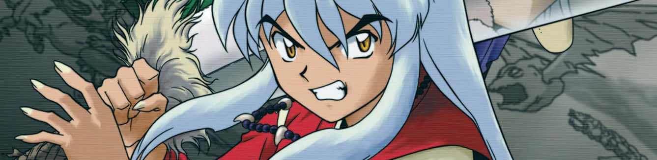 Inuyasha And Tessaiga 桌布 壁紙 — 銀髮紅衣的動漫角色在黑暗背景下，以堅定的特寫鏡頭緊握拳頭。