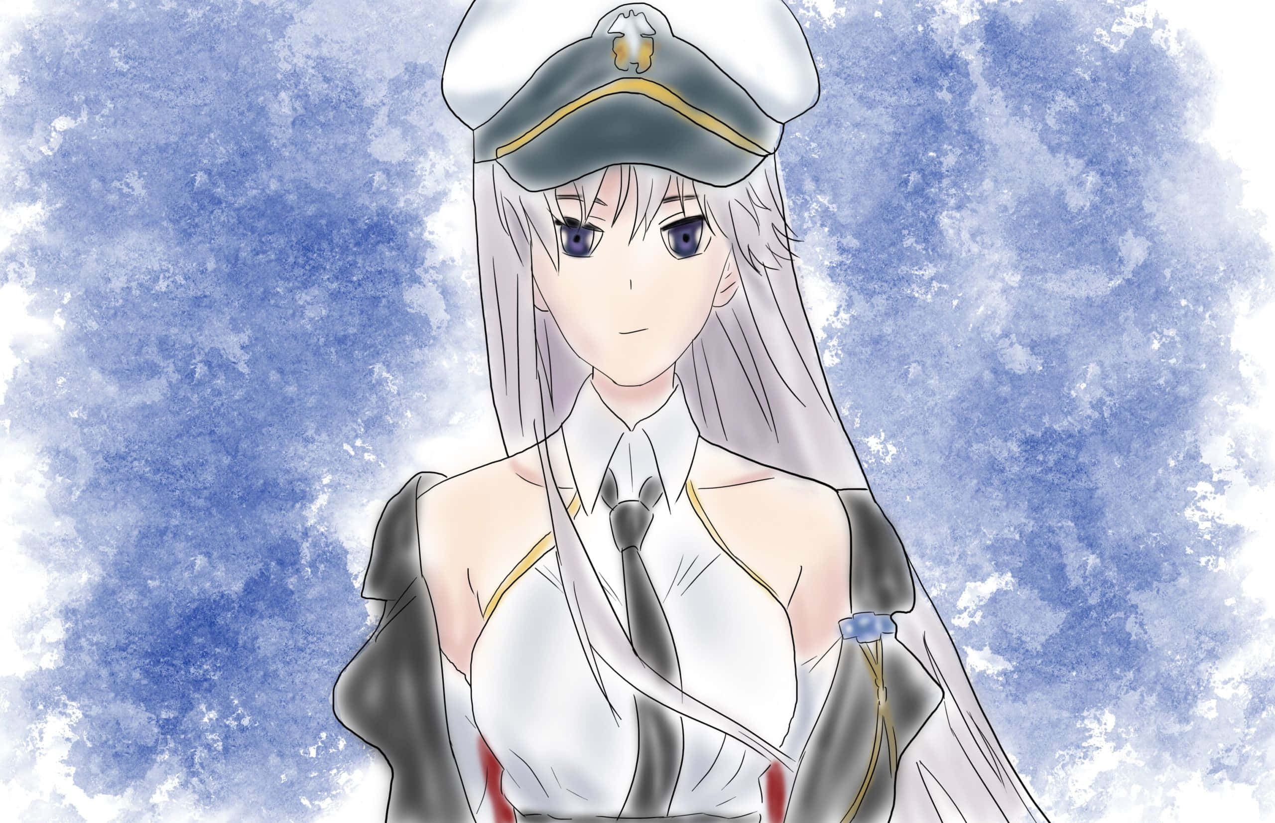 Azur Lane 桌布 壁紙 — 銀髮紫眼動漫少女穿著白色海軍制服和帽子，背景是帶紋理的藍天。