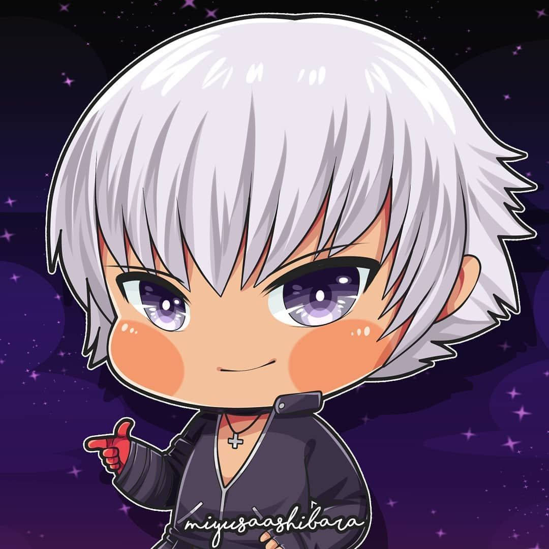 Chibi 桌布 壁紙 — 銀髮紫眼的Q版動漫角色，在繁星點點的紫色夜空下開心地指著。