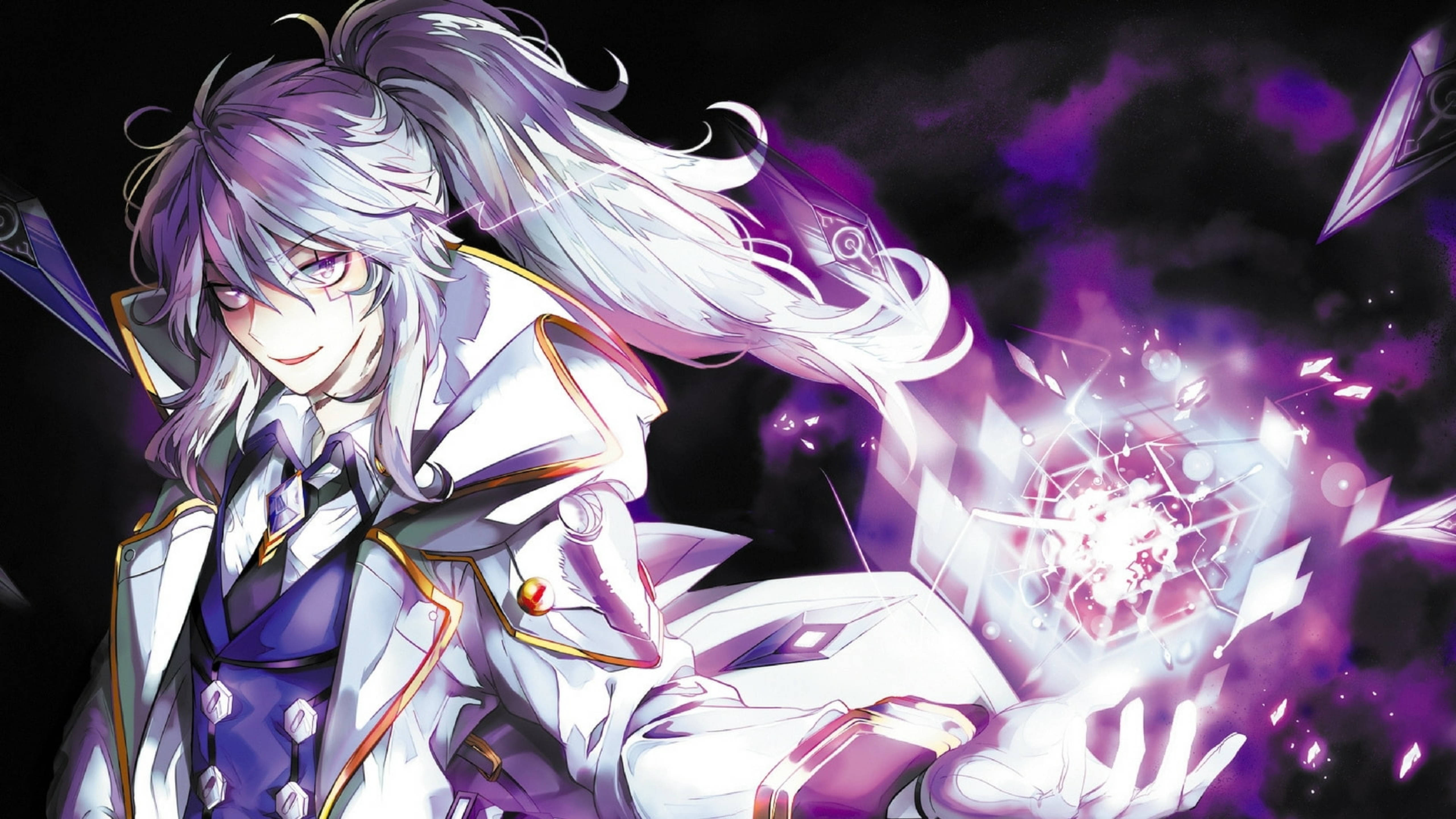 Elsword 桌布 壁紙 — 銀髮紫眼的動漫角色在深紫色宇宙場景中引導發光魔法。