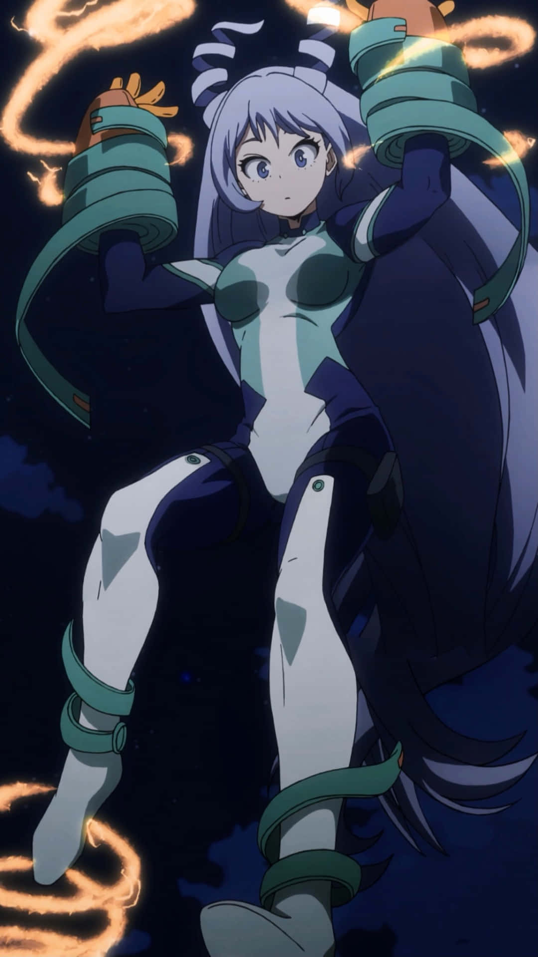 Nejire Hado 桌布 壁紙 — 銀髮綠腕帶的動漫少女在黑暗天空中漂浮，被發光的橙色能量環包圍。