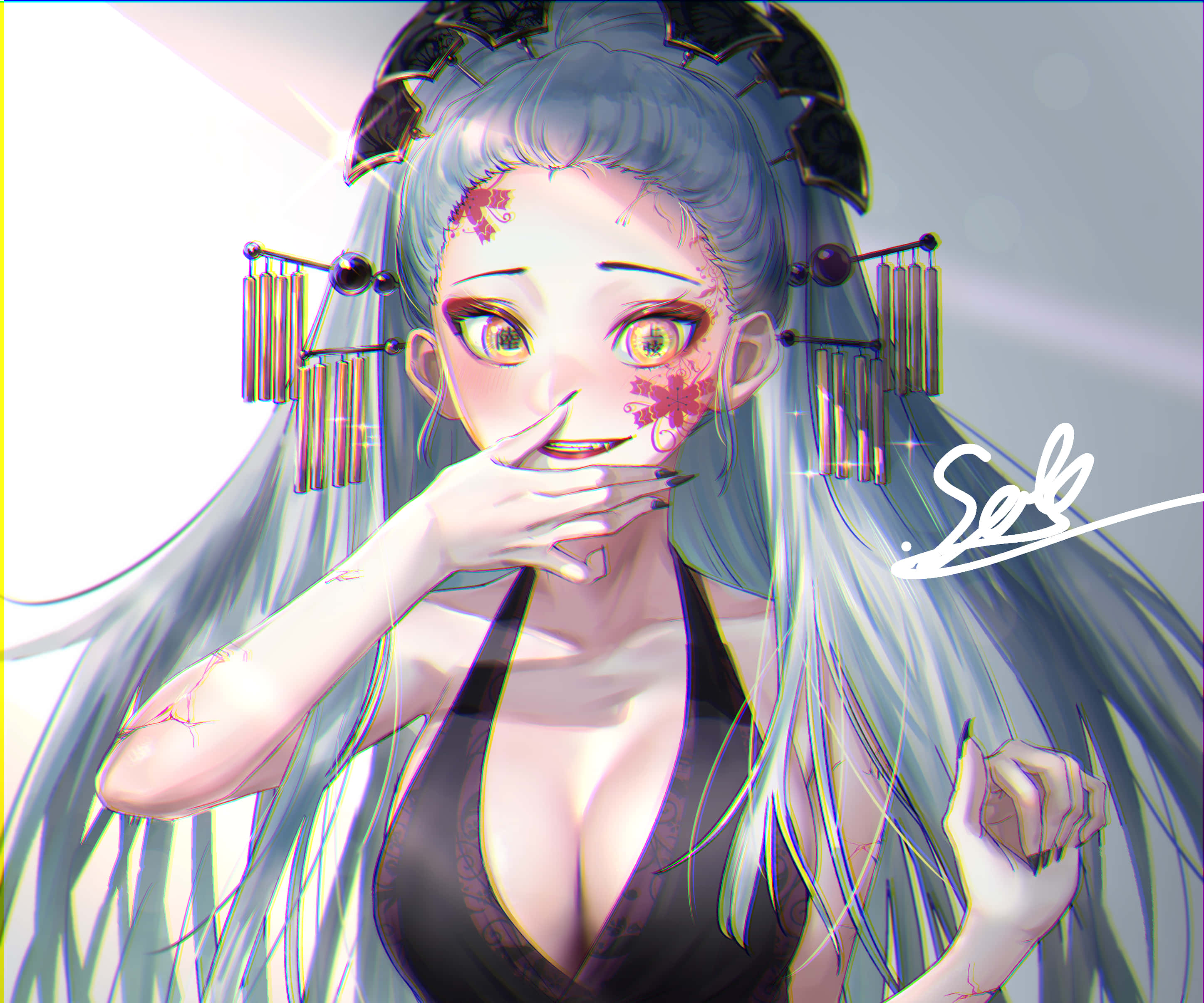 Daki Demon Slayer 桌布 壁紙 — 銀髮花卉臉部彩繪的動漫女孩，戴著華麗的黑色頭飾，遮住嘴巴。