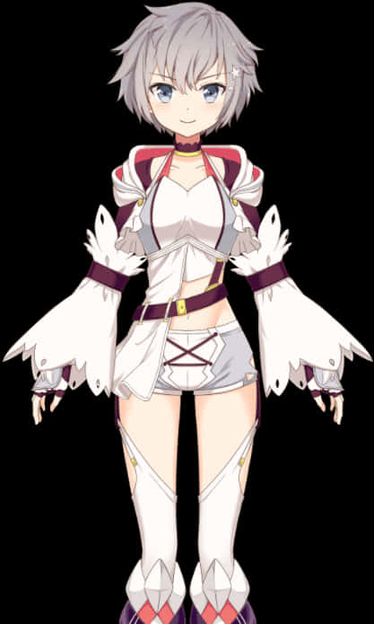 忍 桌布 壁紙 — 銀髮藍眼動漫女孩，身穿白色和紫色裝甲服，背景為黑色。