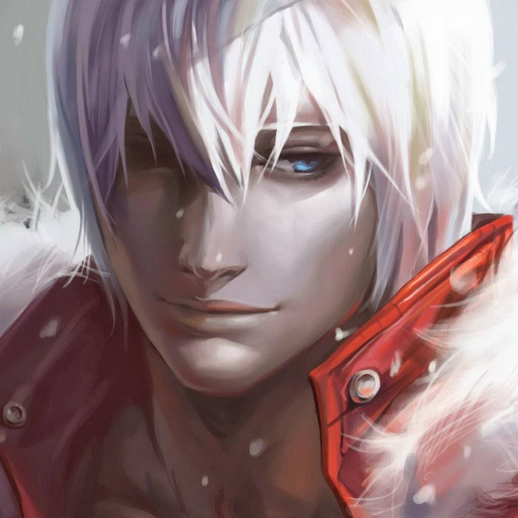 動漫男孩 桌布 壁紙 — 銀髮藍眼男子身穿紅色白毛邊外套的動漫特寫肖像。