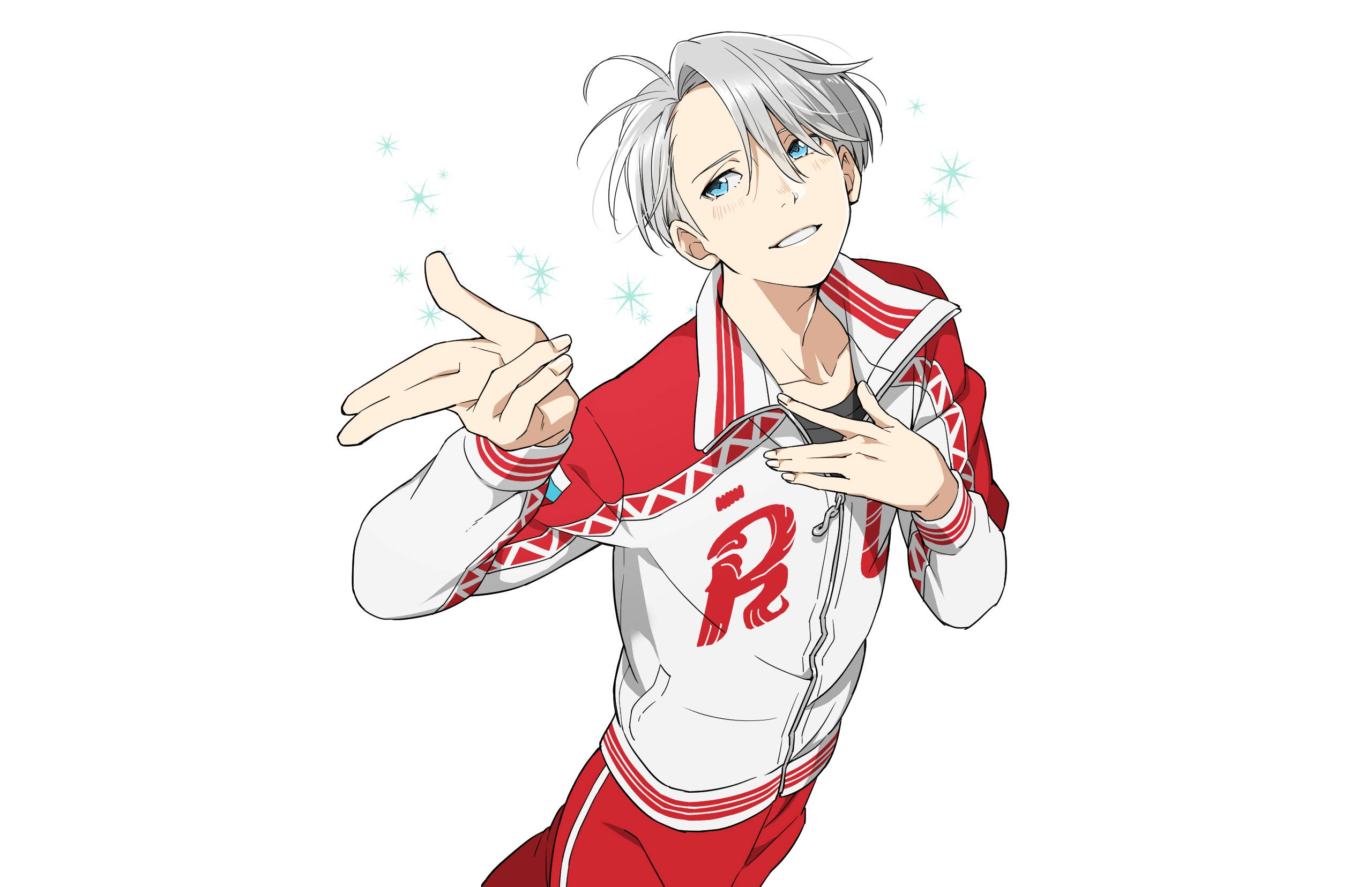 yuri 桌布 壁紙 — 銀髮藍眼的動漫男孩，身穿紅白運動外套，周圍閃爍著火花，做著手勢。