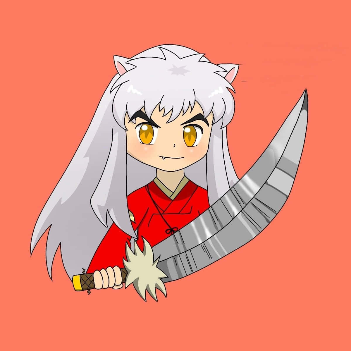 Inuyasha And Tessaiga 桌布 壁紙 — 銀髮貓耳Q版動漫角色在純珊瑚色背景上揮舞著一把大型彎刀。