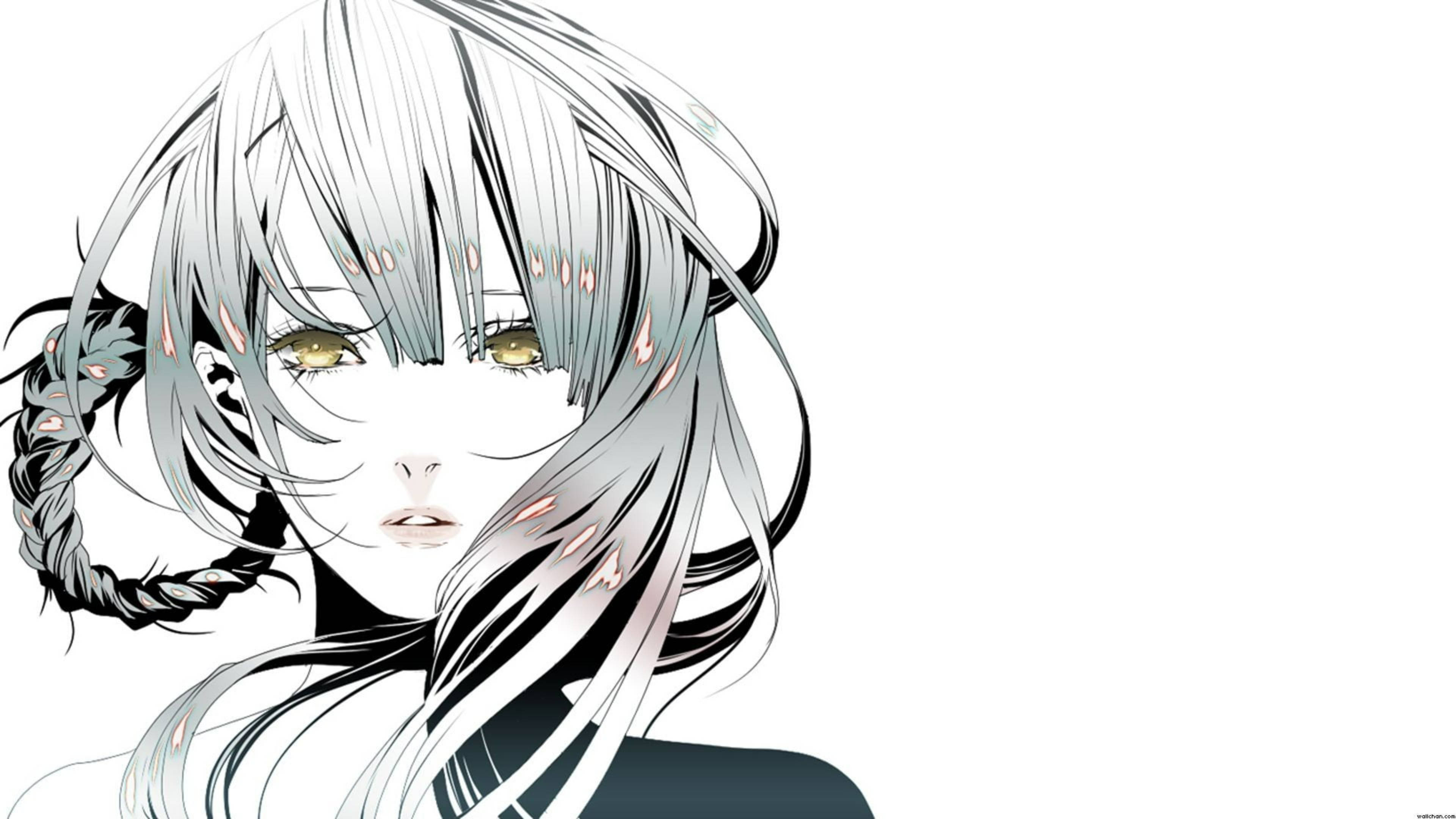 Nier 桌布 壁紙 — 銀髮金瞳的動漫女孩在純白背景上溫柔凝視。