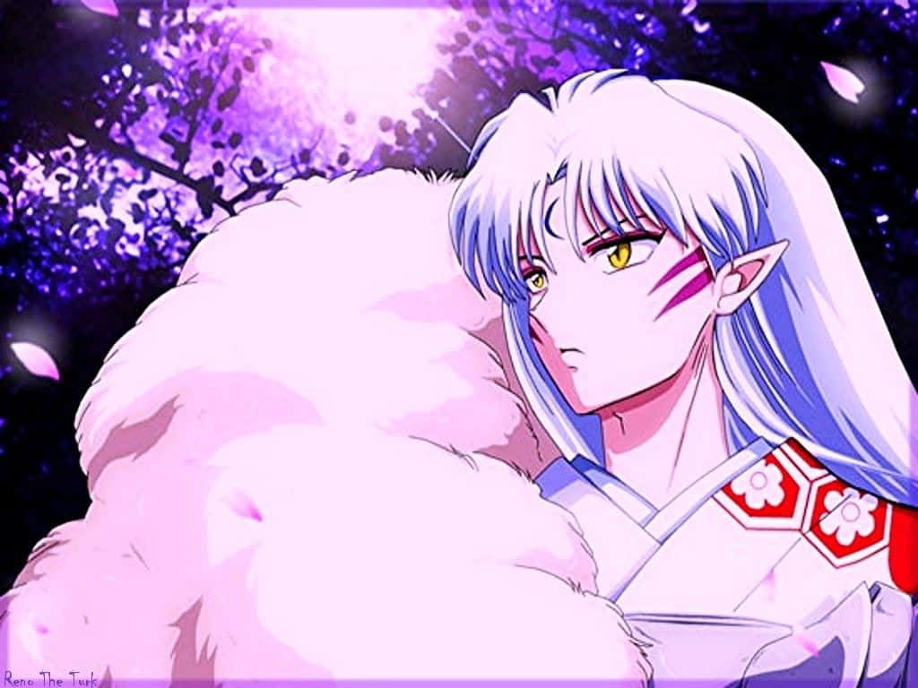 Inuyasha And Sesshomaru 桌布 壁紙 — 銀髮黃眼的動漫角色靠在一個毛絨粉紅色枕頭上，在一棵發光的紫色櫻花樹下休息。